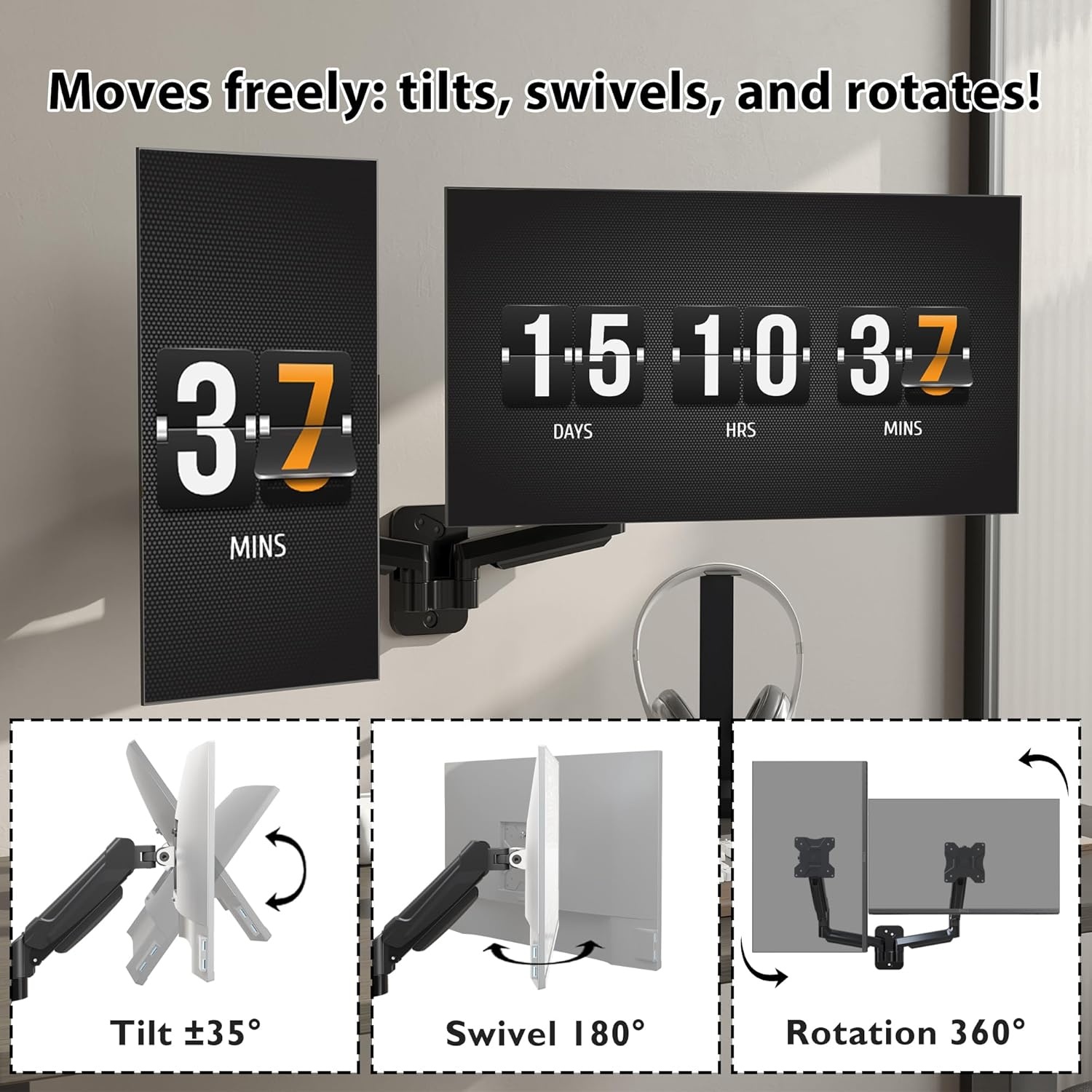 image:imageBONTEC Monitor Wall Mount Arm VESA Gas Spring Height Adjustable for 1342 Inch Screens Max 198lbs Swivel Tilt SpaceSaving Desk Mount Easy Installation Single Arm TV Mount Max VESA 200x200Dual Arms
