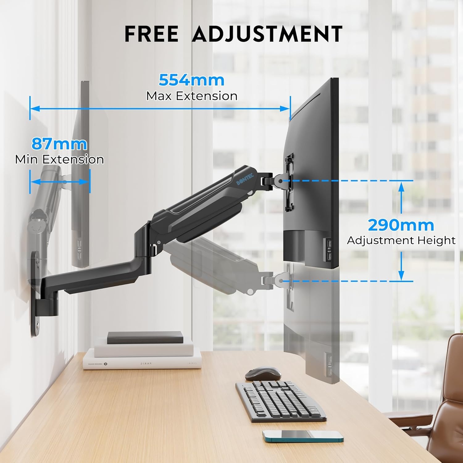 image:imageBONTEC Monitor Wall Mount Arm VESA Gas Spring Height Adjustable for 1342 Inch Screens Max 198lbs Swivel Tilt SpaceSaving Desk Mount Easy Installation Single Arm TV Mount Max VESA 200x200Single Arm