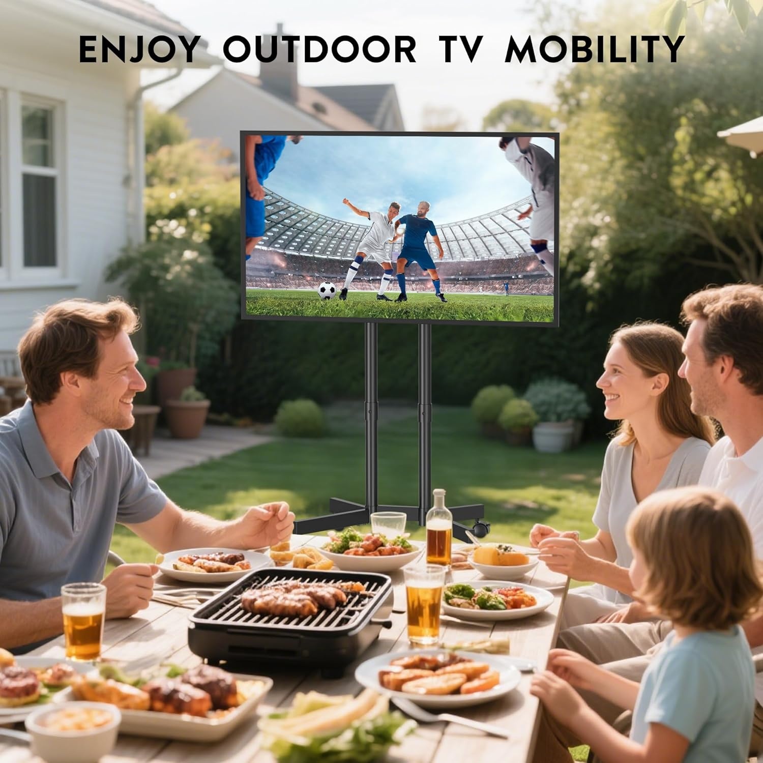 image:imageBONTEC Rolling TV Stand for 3275 Inch TVs Height Adjustable Mobile TV Cart on Wheels Heavy Duty TV Stand Supports Up to 110lbs Stable DualColumn Design Cable Management Indoor OutdoorBlack