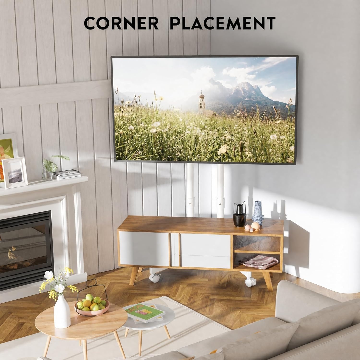 image:imageBONTEC Rolling TV Stand for 3275 Inch TVs Height Adjustable Mobile TV Cart on Wheels Heavy Duty TV Stand Supports Up to 110lbs Stable DualColumn Design Cable Management Indoor OutdoorWhite