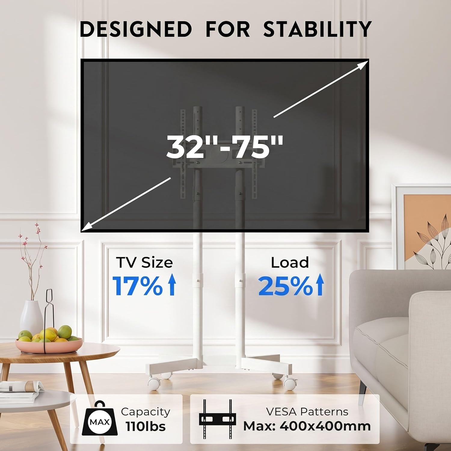 image:imageBONTEC Rolling TV Stand for 3275 Inch TVs Height Adjustable Mobile TV Cart on Wheels Heavy Duty TV Stand Supports Up to 110lbs Stable DualColumn Design Cable Management Indoor OutdoorWhite