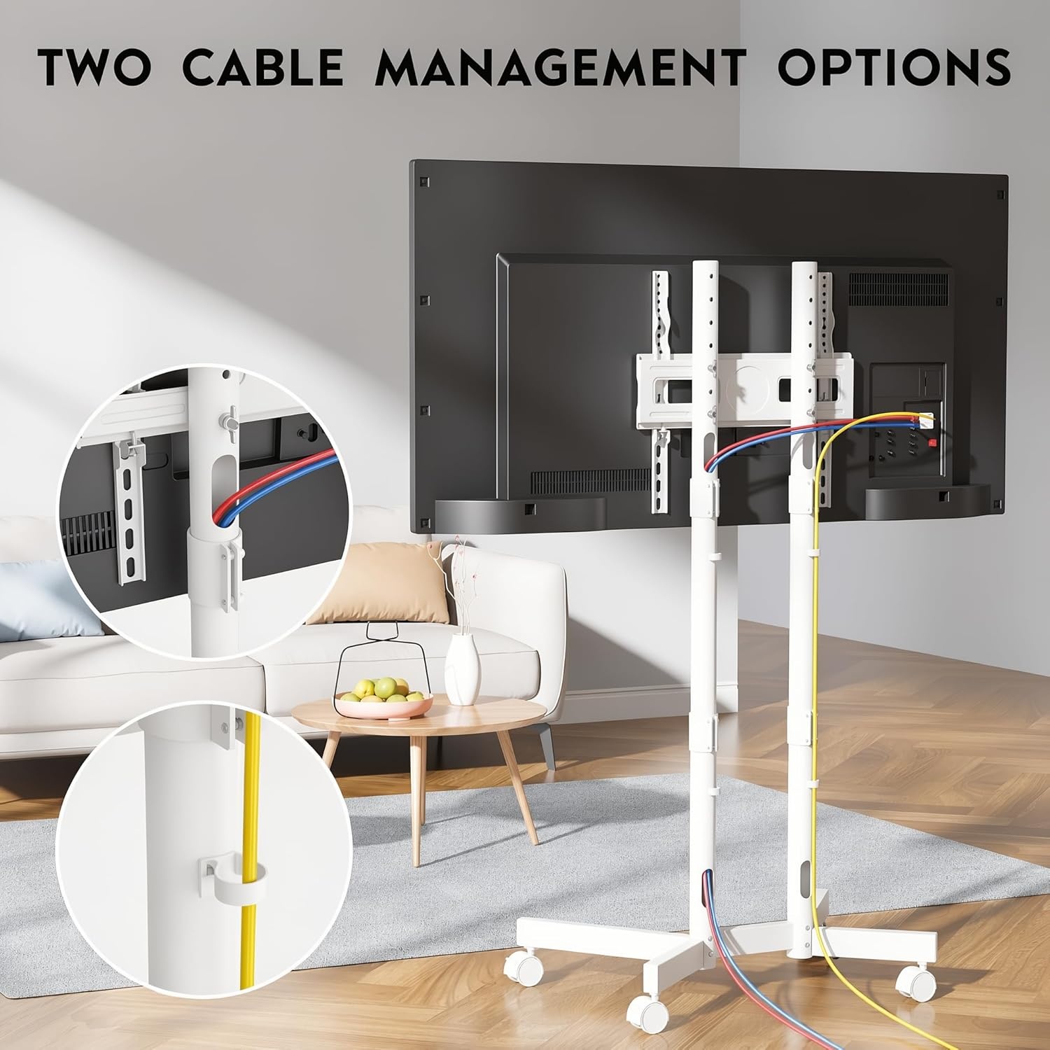 image:imageBONTEC Rolling TV Stand for 3275 Inch TVs Height Adjustable Mobile TV Cart on Wheels Heavy Duty TV Stand Supports Up to 110lbs Stable DualColumn Design Cable Management Indoor OutdoorWhite