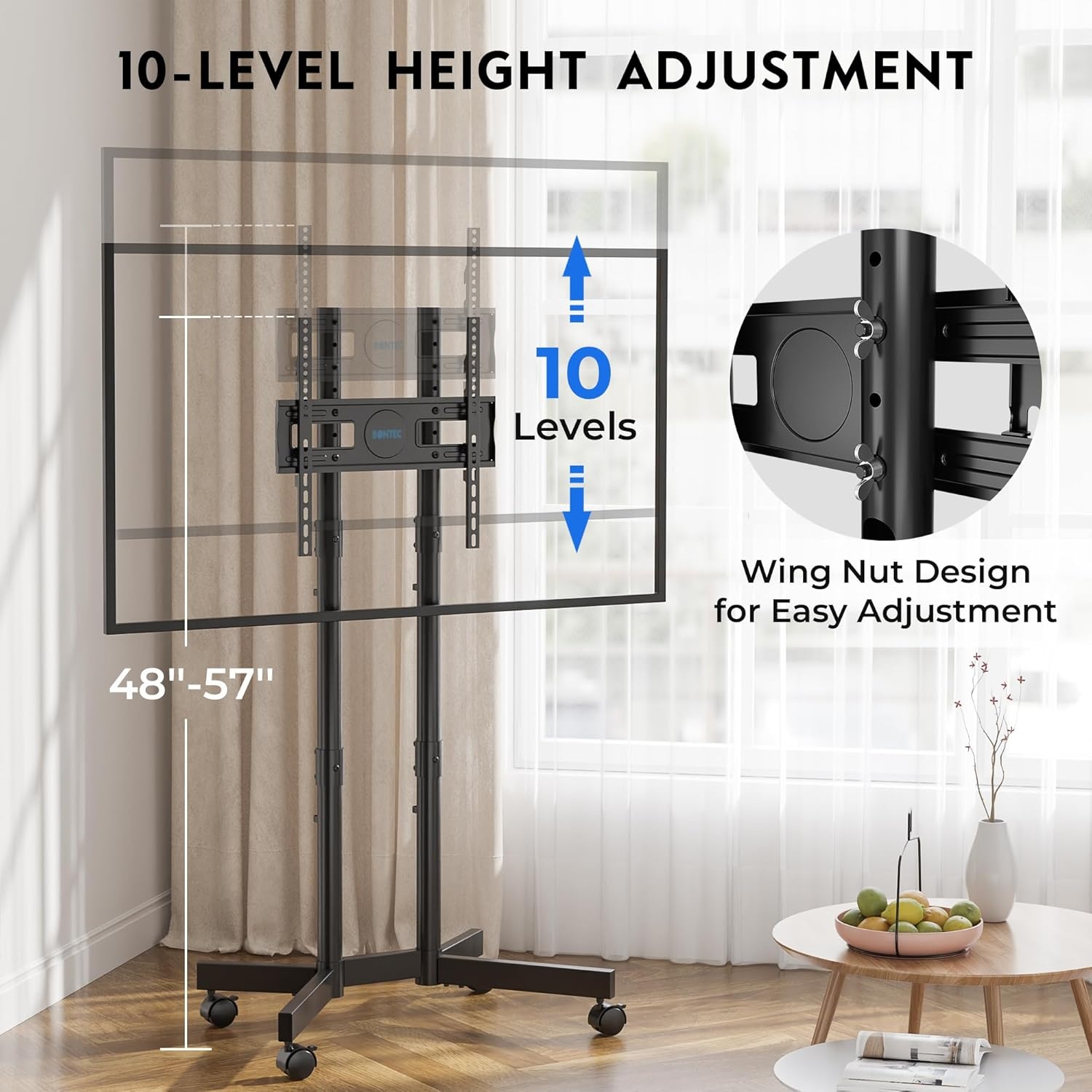 image:imageBONTEC Rolling TV Stand for 3275 Inch TVs Height Adjustable Mobile TV Cart on Wheels Heavy Duty TV Stand Supports Up to 110lbs Stable DualColumn Design Cable Management Indoor OutdoorBlack