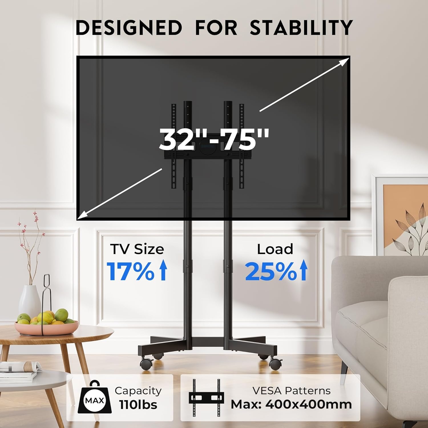image:imageBONTEC Rolling TV Stand for 3275 Inch TVs Height Adjustable Mobile TV Cart on Wheels Heavy Duty TV Stand Supports Up to 110lbs Stable DualColumn Design Cable Management Indoor OutdoorBlack