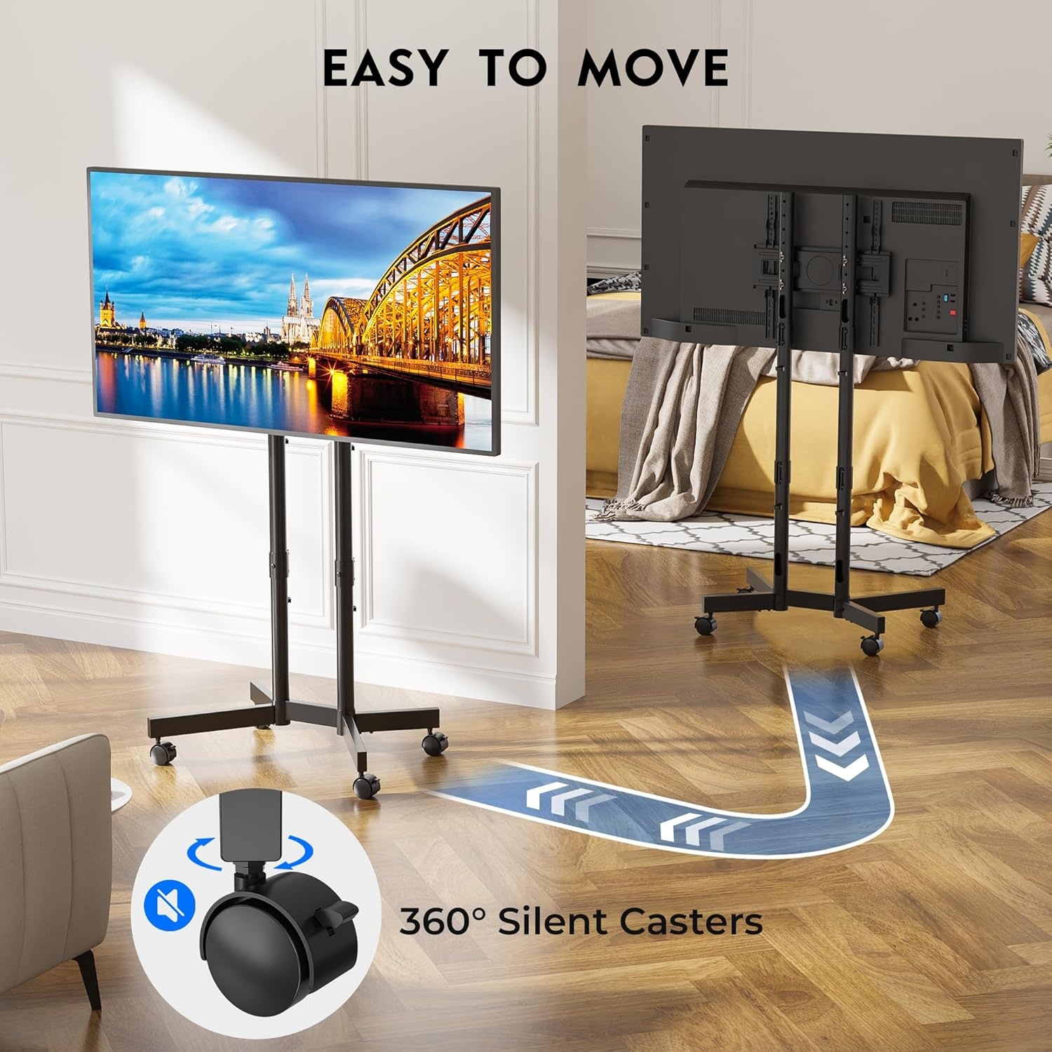 image:imageBONTEC Rolling TV Stand for 3275 Inch TVs Height Adjustable Mobile TV Cart on Wheels Heavy Duty TV Stand Supports Up to 110lbs Stable DualColumn Design Cable Management Indoor OutdoorBlack