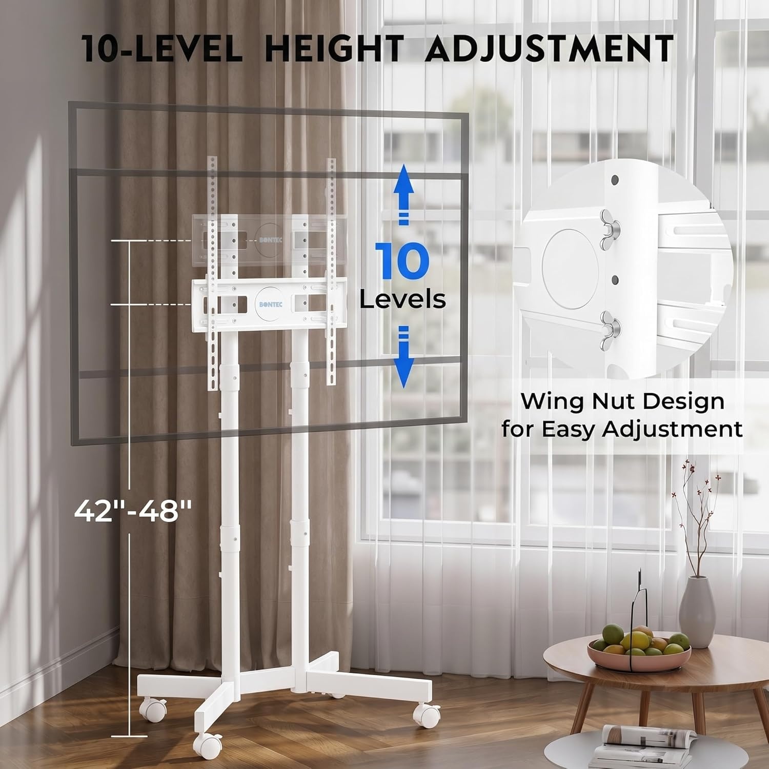 image:imageBONTEC Rolling TV Stand for 3275 Inch TVs Height Adjustable Mobile TV Cart on Wheels Heavy Duty TV Stand Supports Up to 110lbs Stable DualColumn Design Cable Management Indoor OutdoorWhite