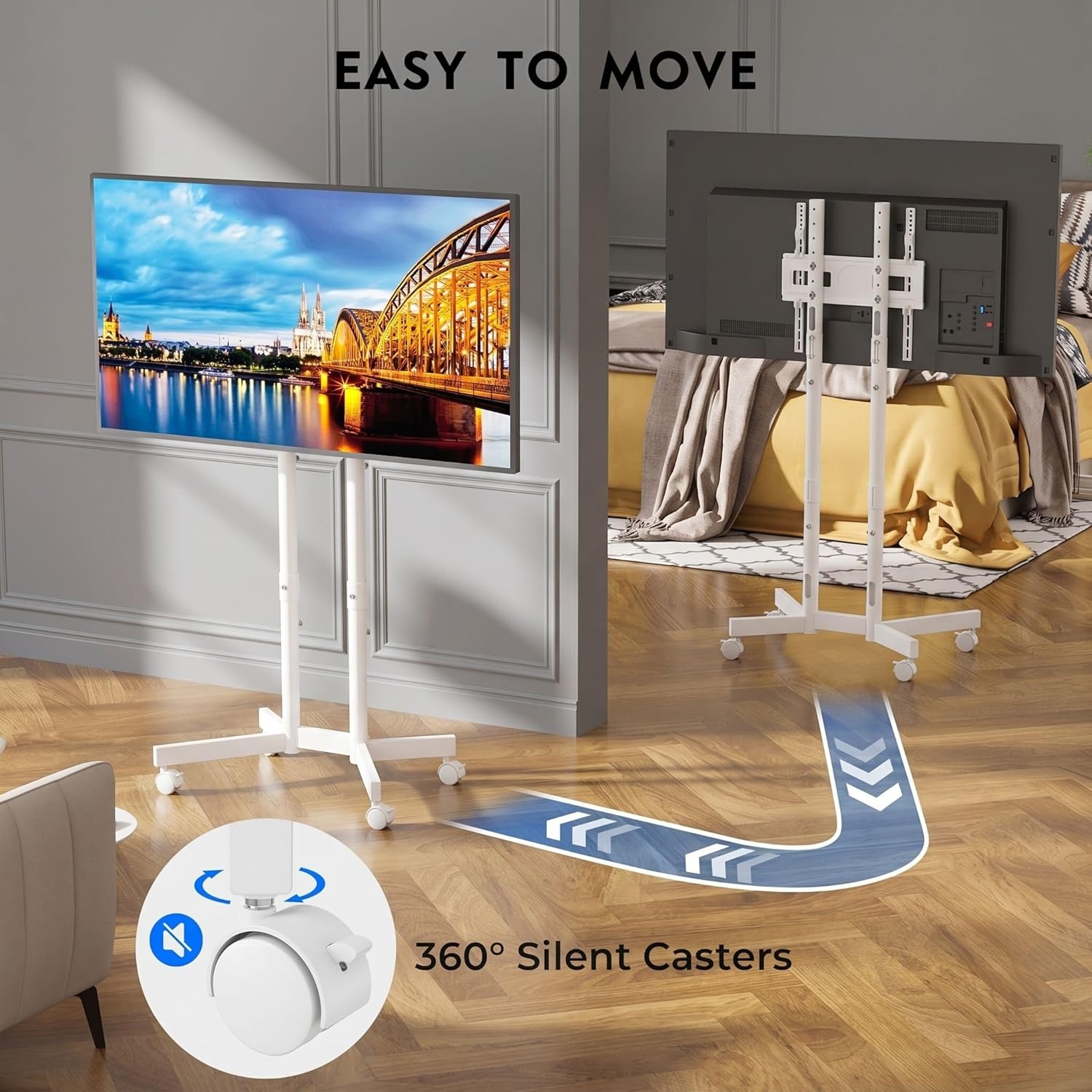image:imageBONTEC Rolling TV Stand for 3275 Inch TVs Height Adjustable Mobile TV Cart on Wheels Heavy Duty TV Stand Supports Up to 110lbs Stable DualColumn Design Cable Management Indoor OutdoorWhite