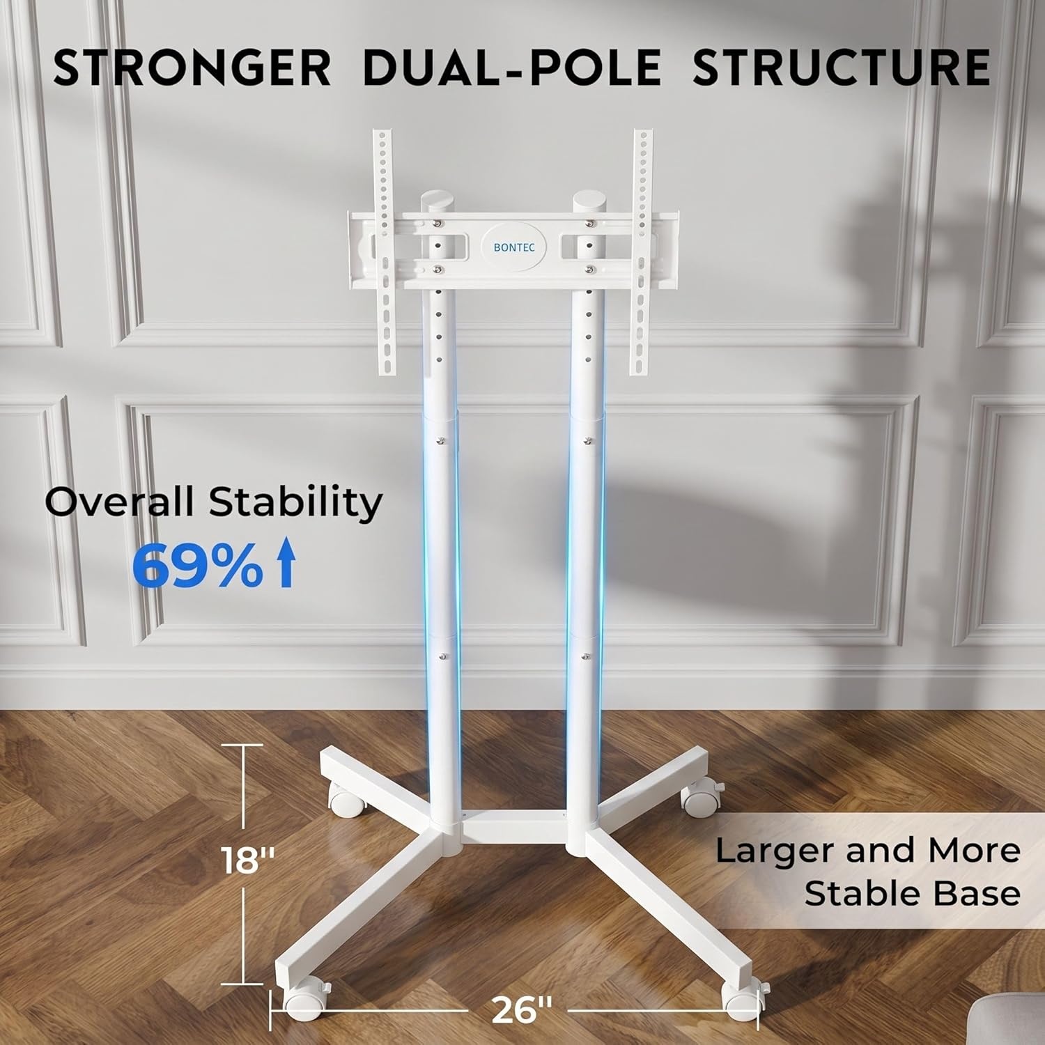 image:imageBONTEC Rolling TV Stand for 3275 Inch TVs Height Adjustable Mobile TV Cart on Wheels Heavy Duty TV Stand Supports Up to 110lbs Stable DualColumn Design Cable Management Indoor OutdoorWhite