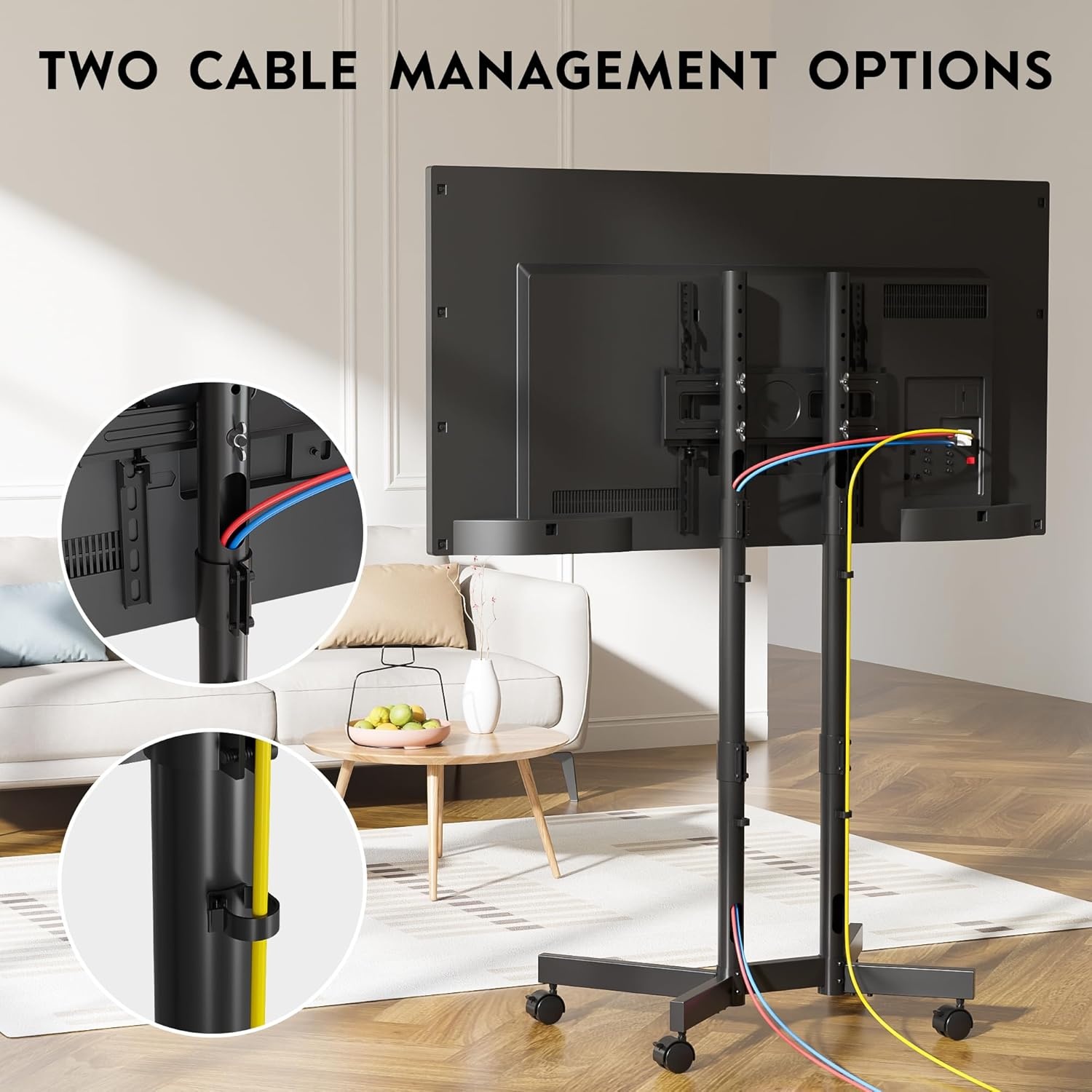 image:imageBONTEC Rolling TV Stand for 3275 Inch TVs Height Adjustable Mobile TV Cart on Wheels Heavy Duty TV Stand Supports Up to 110lbs Stable DualColumn Design Cable Management Indoor OutdoorBlack