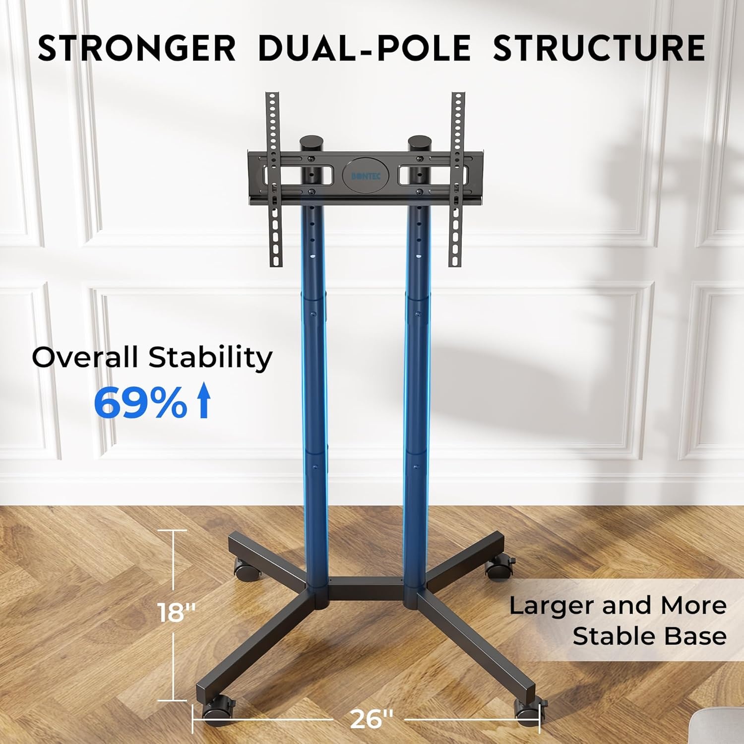 image:imageBONTEC Rolling TV Stand for 3275 Inch TVs Height Adjustable Mobile TV Cart on Wheels Heavy Duty TV Stand Supports Up to 110lbs Stable DualColumn Design Cable Management Indoor OutdoorBlack