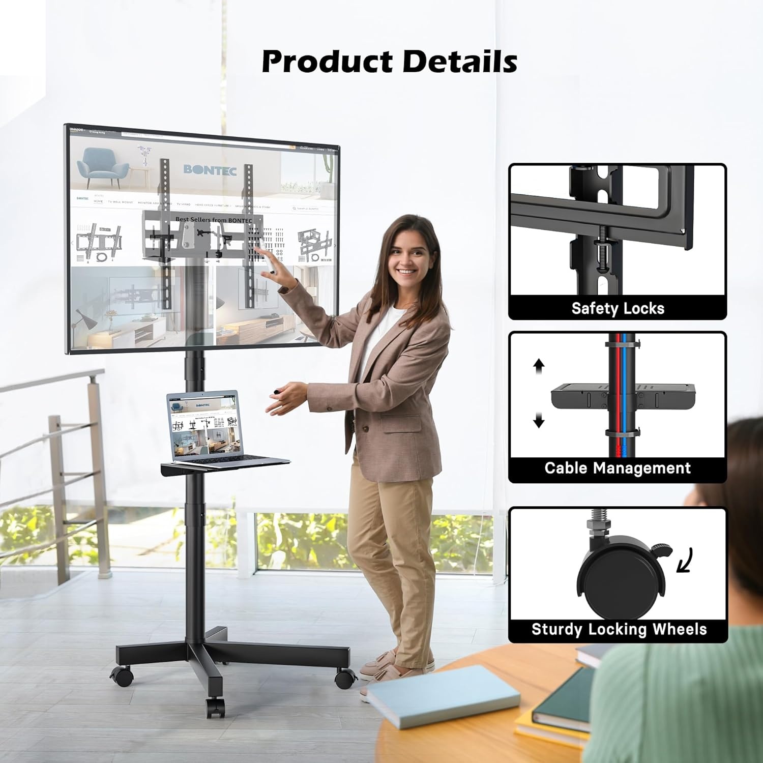 image:imageBONTEC Rolling TV Stand with Tilt Mobile TV Stand Wheels for 2365 Inch TVs Portable Outdoor TV Cart with Adjustable Shelf for Living Room Bedroom Holds 88 lbs Max VESA 400x400mm WhiteBlack