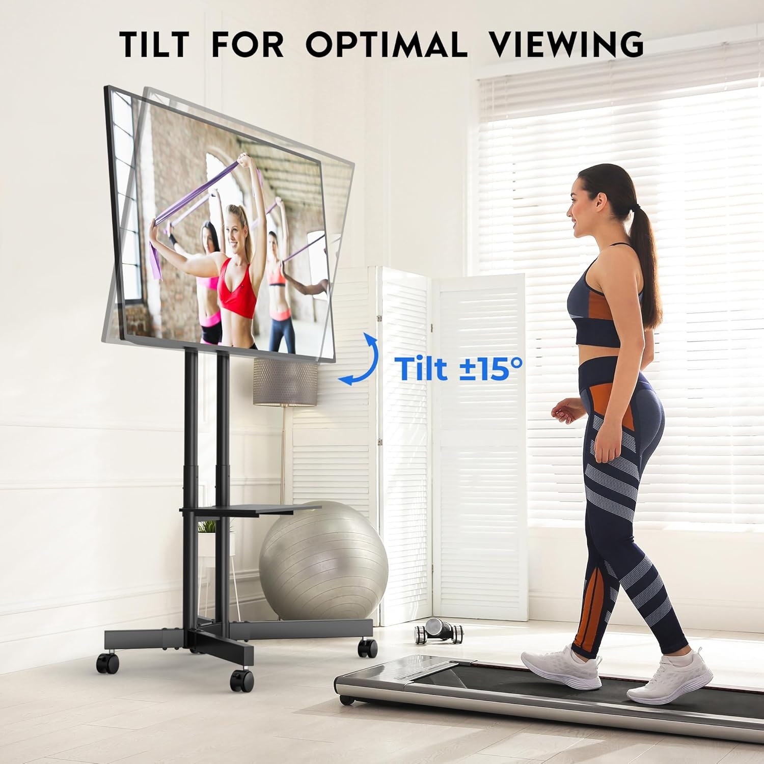 image:imageBONTEC Rolling TV Stand with Tilt Mobile TV Stand Wheels for 2365 Inch TVs Portable Outdoor TV Cart with Adjustable Shelf for Living Room Bedroom Holds 88 lbs Max VESA 400x400mm WhiteBlack