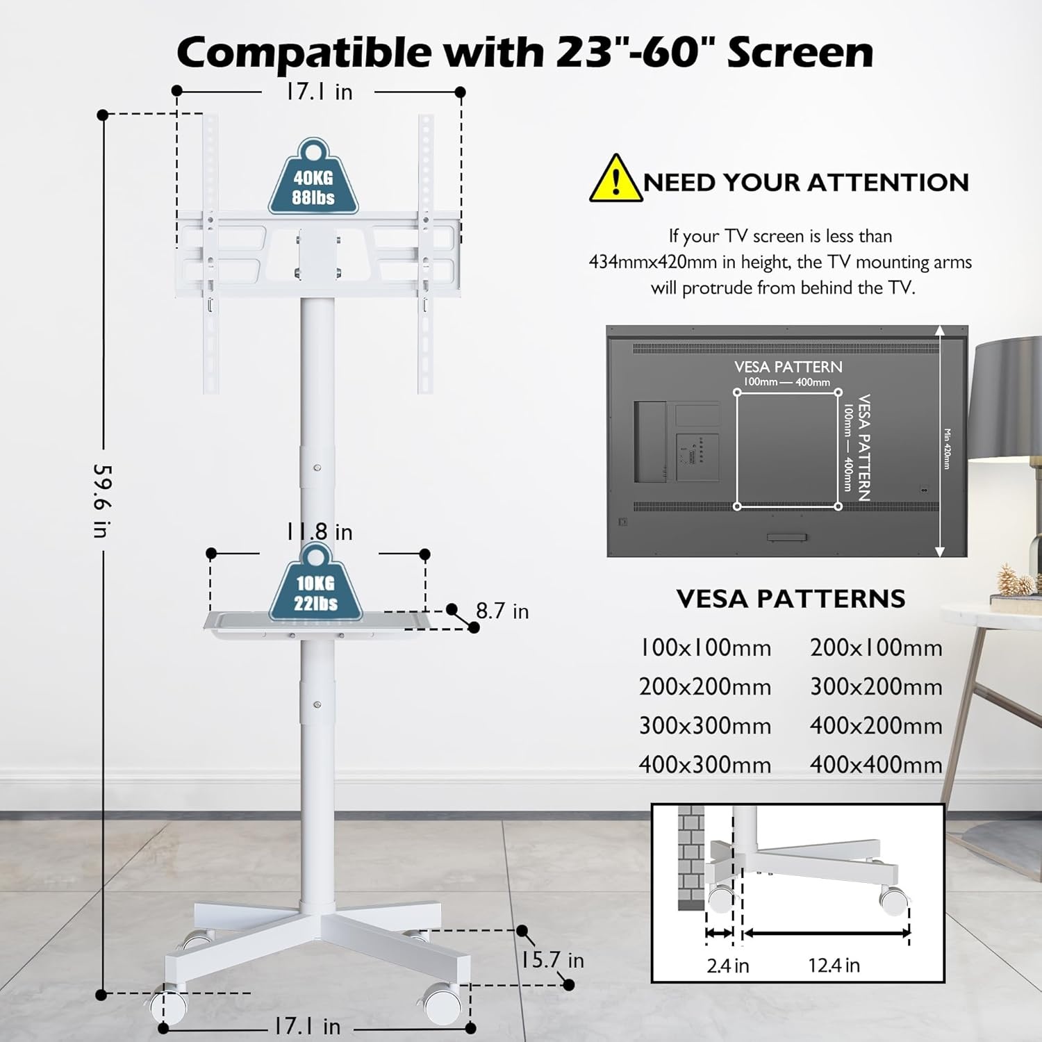 image:imageBONTEC Rolling TV Stand with Tilt Mobile TV Stand Wheels for 2365 Inch TVs Portable Outdoor TV Cart with Adjustable Shelf for Living Room Bedroom Holds 88 lbs Max VESA 400x400mm WhiteWhite