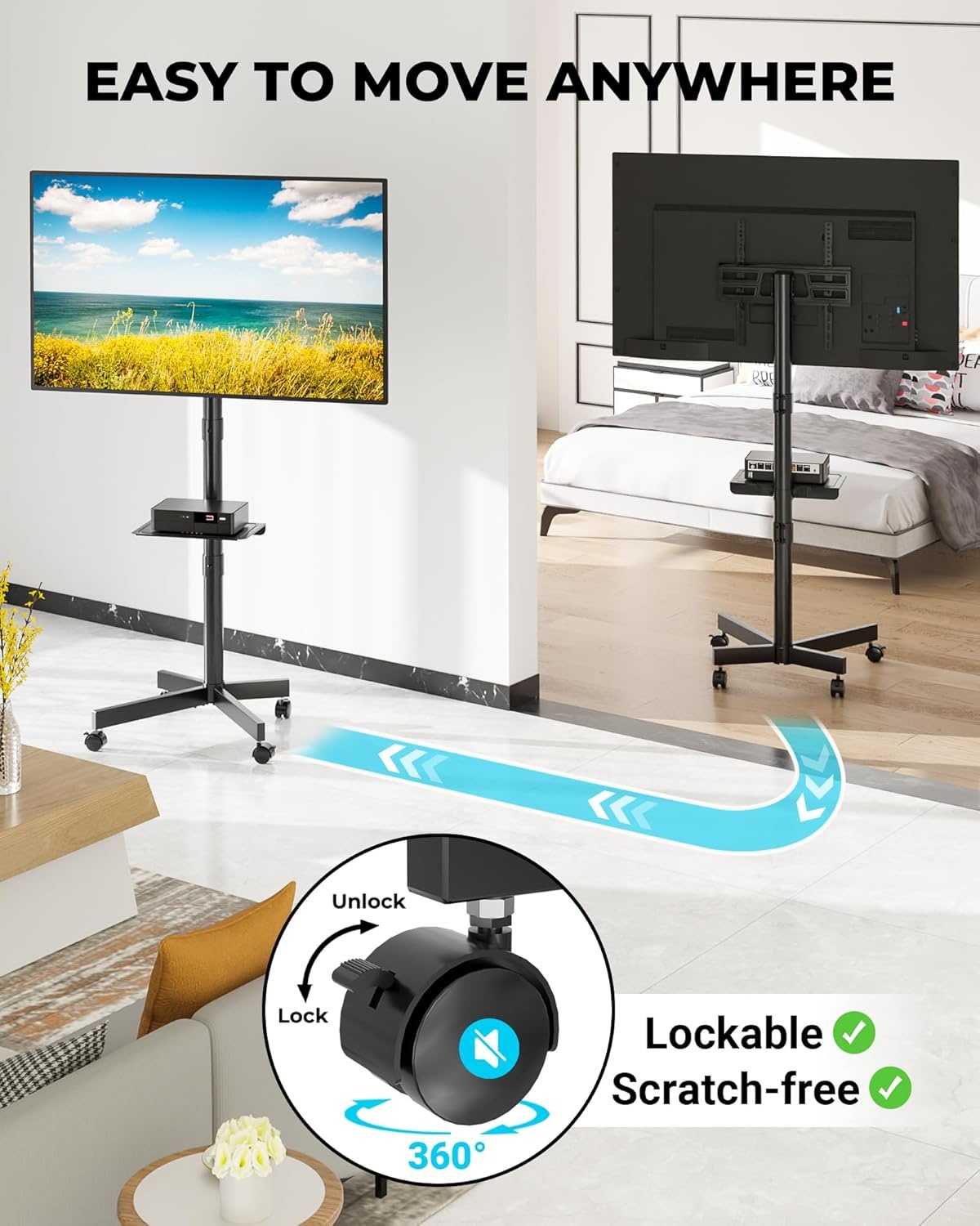 image:imageBONTEC Rolling TV Stand with Tilt Mobile TV Stand Wheels for 2365 Inch TVs Portable Outdoor TV Cart with Adjustable Shelf for Living Room Bedroom Holds 88 lbs Max VESA 400x400mm WhiteBlack