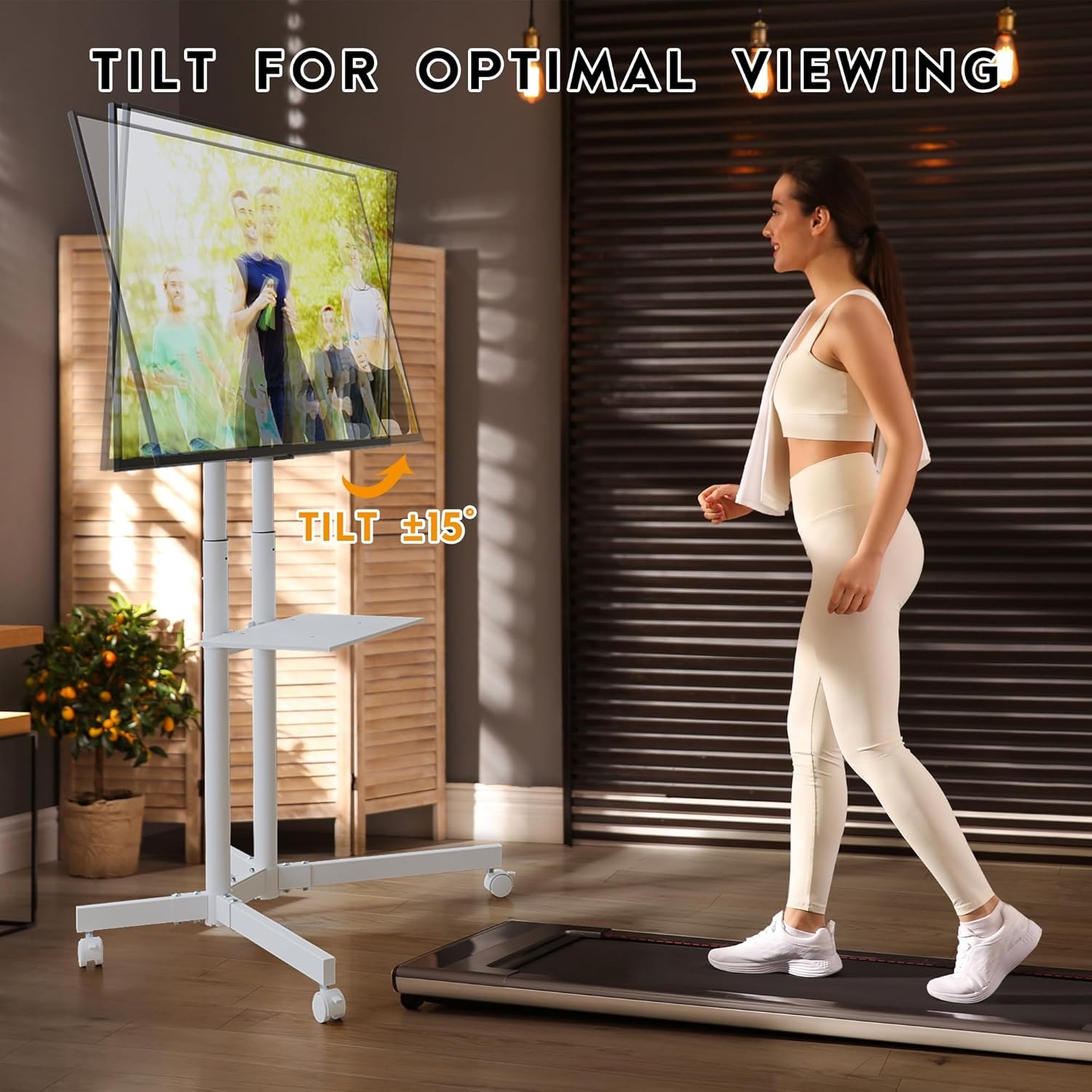 image:imageBONTEC Rolling TV Stand with Tilt Mobile TV Stand Wheels for 2365 Inch TVs Portable Outdoor TV Cart with Adjustable Shelf for Living Room Bedroom Holds 88 lbs Max VESA 400x400mm WhiteWhite