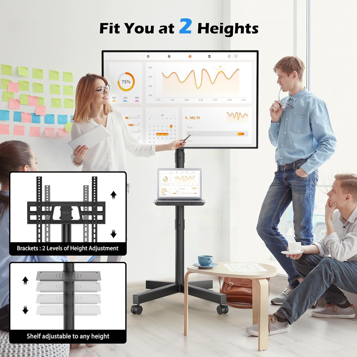 image:imageBONTEC Rolling TV Stand with Tilt Mobile TV Stand Wheels for 2365 Inch TVs Portable Outdoor TV Cart with Adjustable Shelf for Living Room Bedroom Holds 88 lbs Max VESA 400x400mm WhiteBlack
