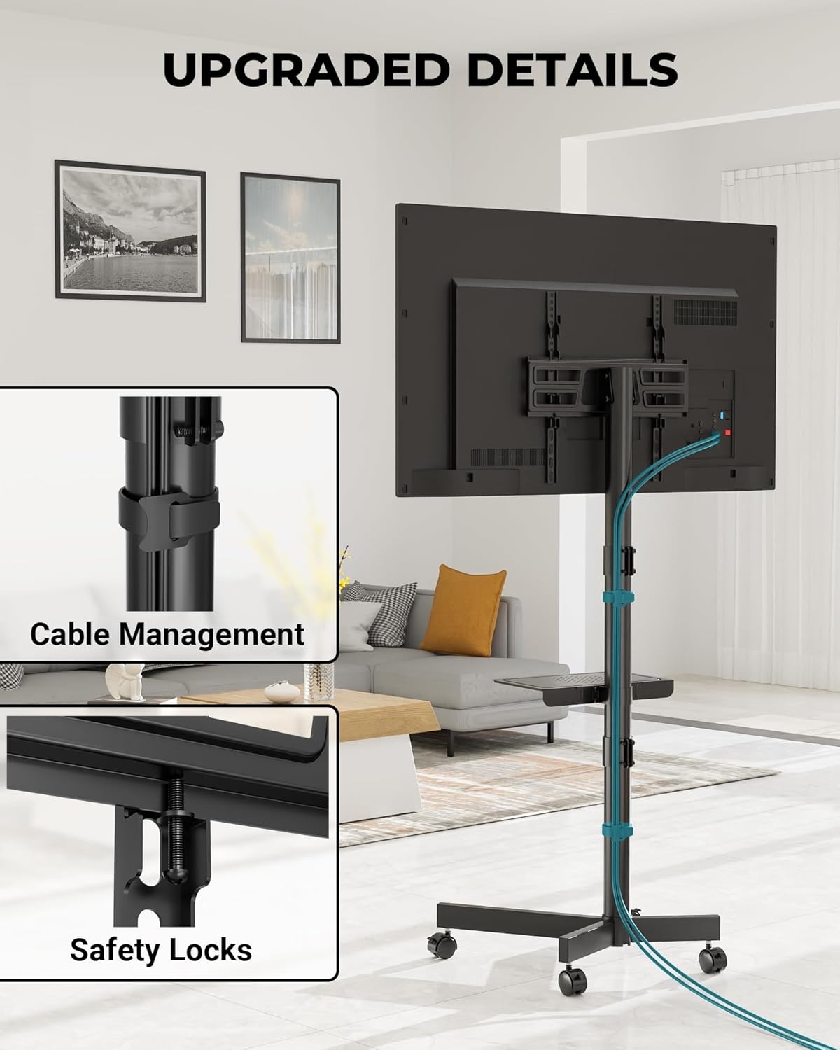 image:imageBONTEC Rolling TV Stand with Tilt Mobile TV Stand Wheels for 2365 Inch TVs Portable Outdoor TV Cart with Adjustable Shelf for Living Room Bedroom Holds 88 lbs Max VESA 400x400mm WhiteBlack
