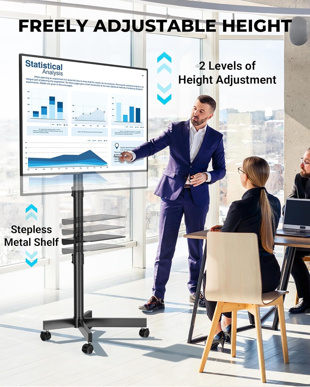 image:imageBONTEC Rolling TV Stand with Tilt Mobile TV Stand Wheels for 2365 Inch TVs Portable Outdoor TV Cart with Adjustable Shelf for Living Room Bedroom Holds 88 lbs Max VESA 400x400mm WhiteBlack