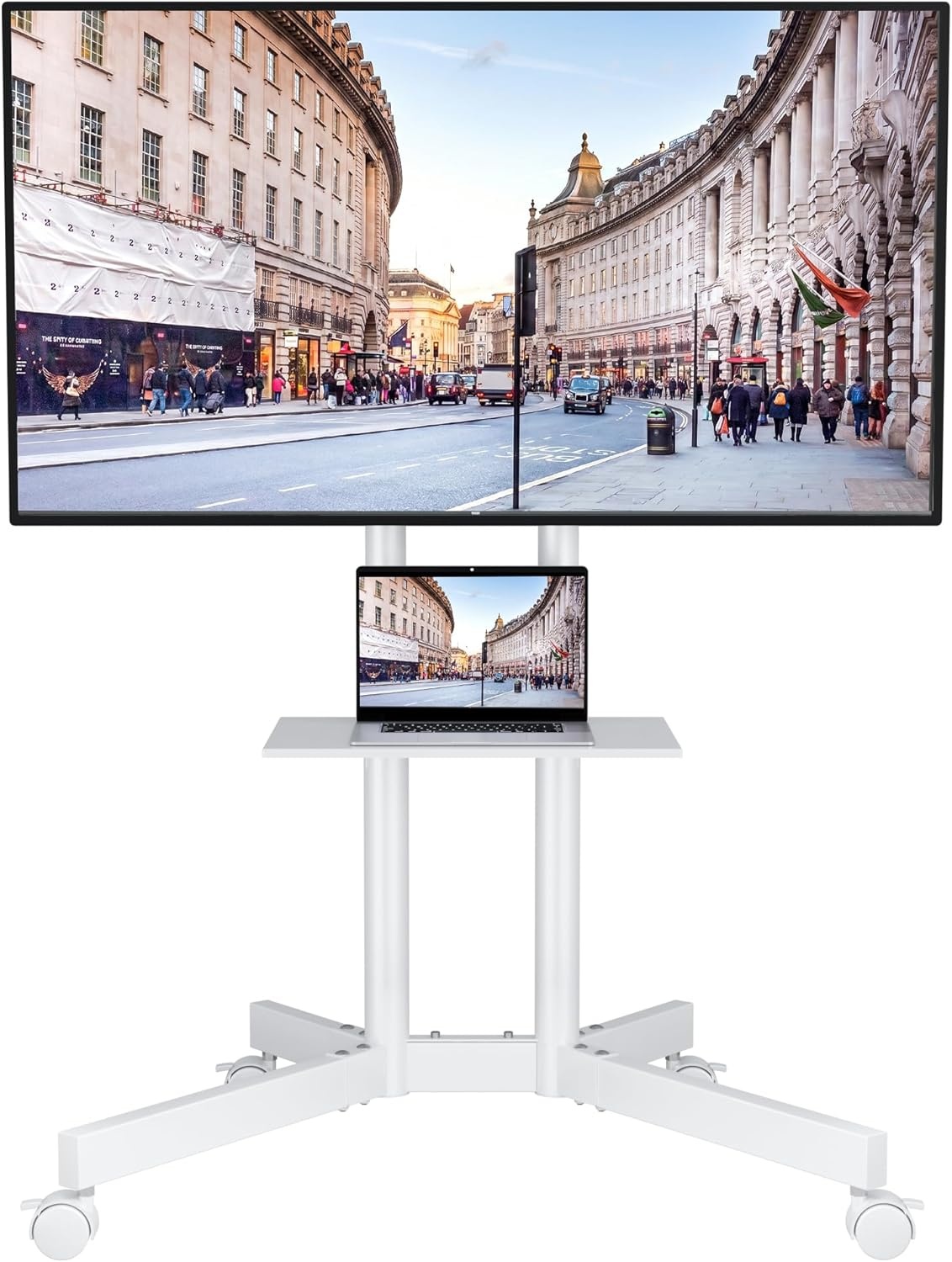 image:imageBONTEC Rolling TV Stand with Tilt Mobile TV Stand Wheels for 2365 Inch TVs Portable Outdoor TV Cart with Adjustable Shelf for Living Room Bedroom Holds 88 lbs Max VESA 400x400mm WhiteWhite