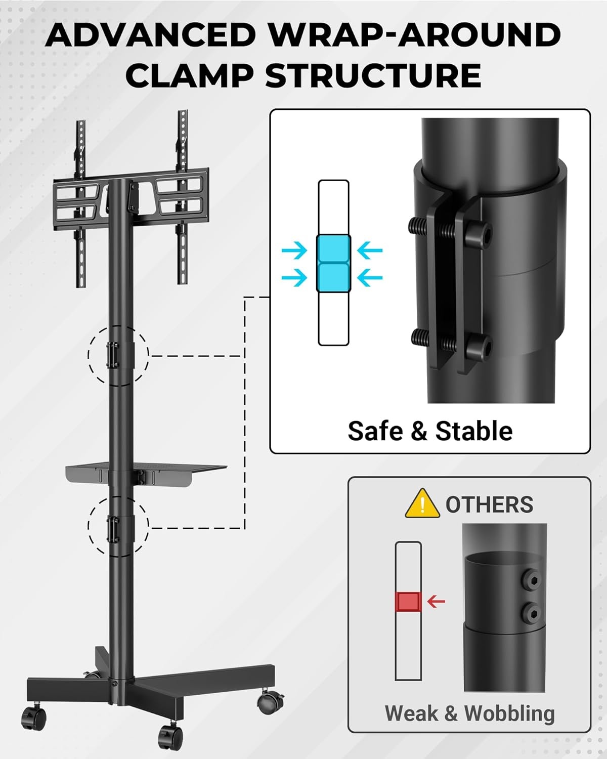 image:imageBONTEC Rolling TV Stand with Tilt Mobile TV Stand Wheels for 2365 Inch TVs Portable Outdoor TV Cart with Adjustable Shelf for Living Room Bedroom Holds 88 lbs Max VESA 400x400mm WhiteBlack