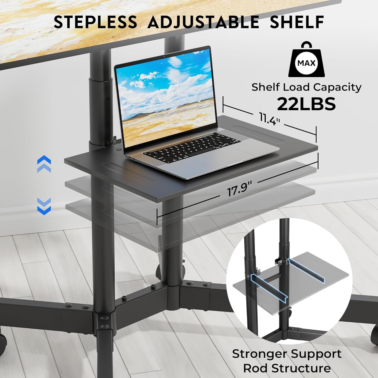 image:imageBONTEC Rolling TV Stand with Tilt Mobile TV Stand Wheels for 2365 Inch TVs Portable Outdoor TV Cart with Adjustable Shelf for Living Room Bedroom Holds 88 lbs Max VESA 400x400mm WhiteBlack