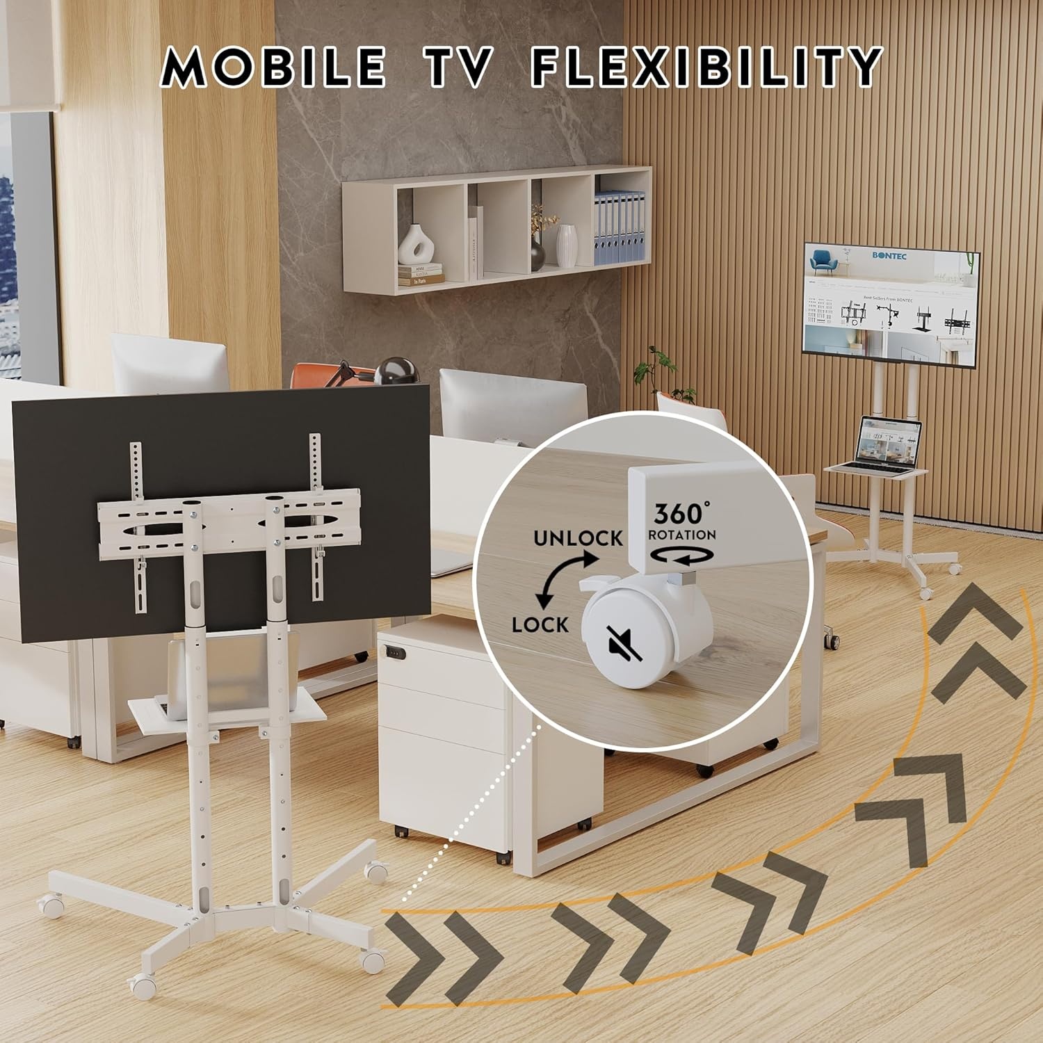 image:imageBONTEC Rolling TV Stand with Tilt Mobile TV Stand Wheels for 2365 Inch TVs Portable Outdoor TV Cart with Adjustable Shelf for Living Room Bedroom Holds 88 lbs Max VESA 400x400mm WhiteWhite