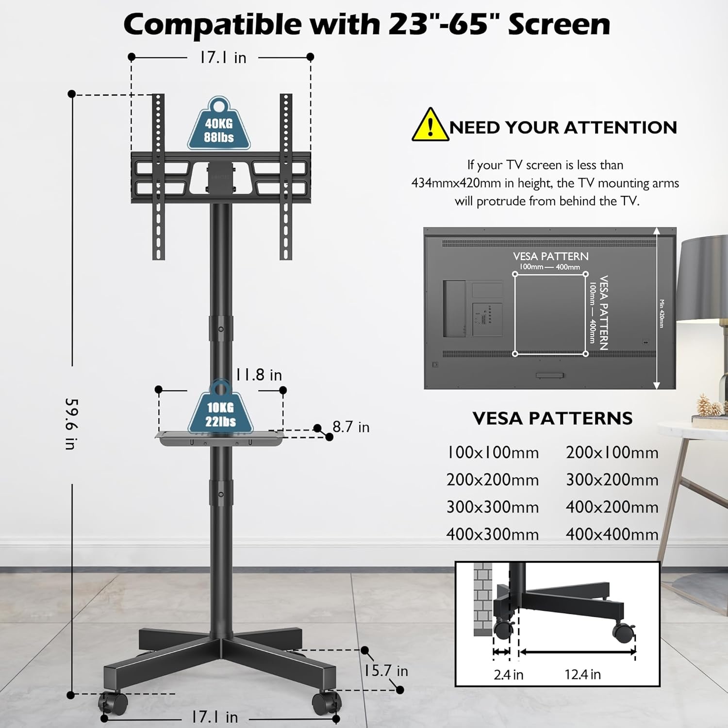 image:imageBONTEC Rolling TV Stand with Tilt Mobile TV Stand Wheels for 2365 Inch TVs Portable Outdoor TV Cart with Adjustable Shelf for Living Room Bedroom Holds 88 lbs Max VESA 400x400mm WhiteBlack