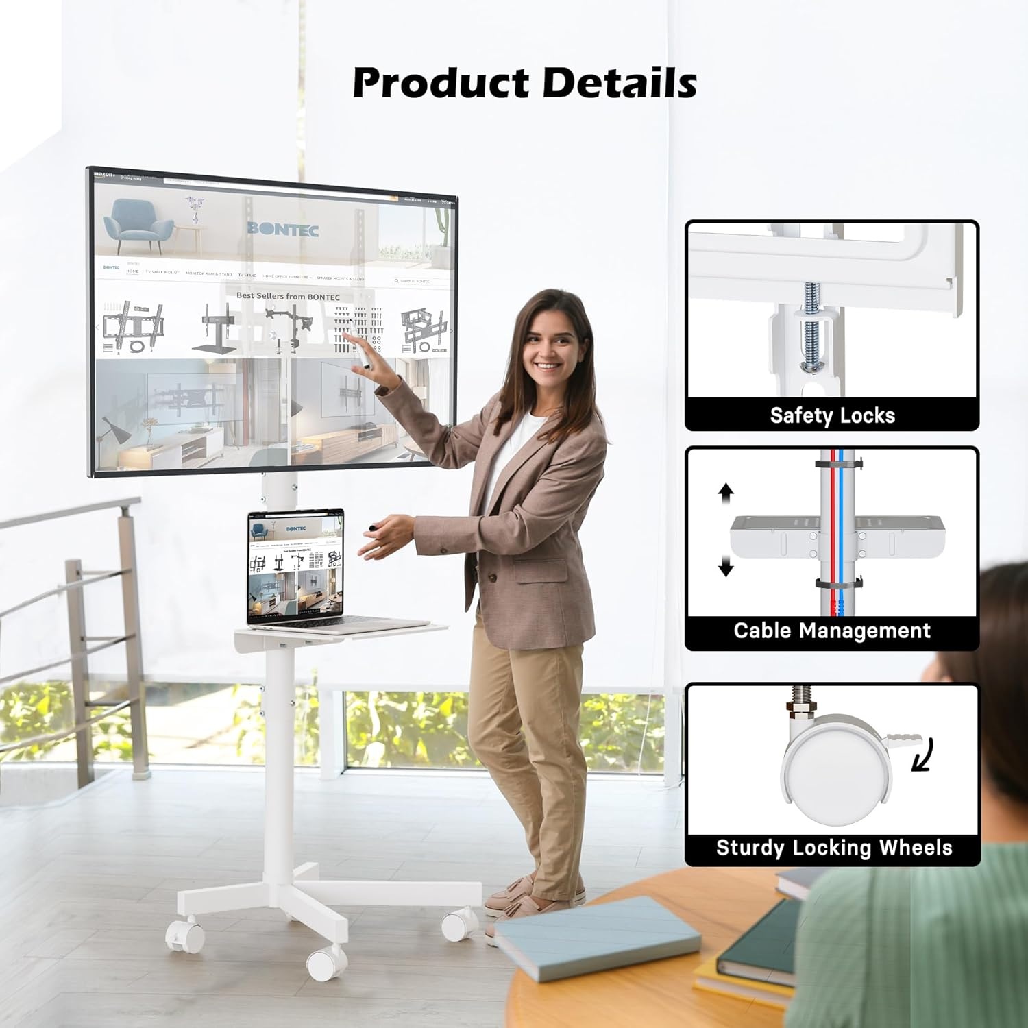 image:imageBONTEC Rolling TV Stand with Tilt Mobile TV Stand Wheels for 2365 Inch TVs Portable Outdoor TV Cart with Adjustable Shelf for Living Room Bedroom Holds 88 lbs Max VESA 400x400mm WhiteWhite