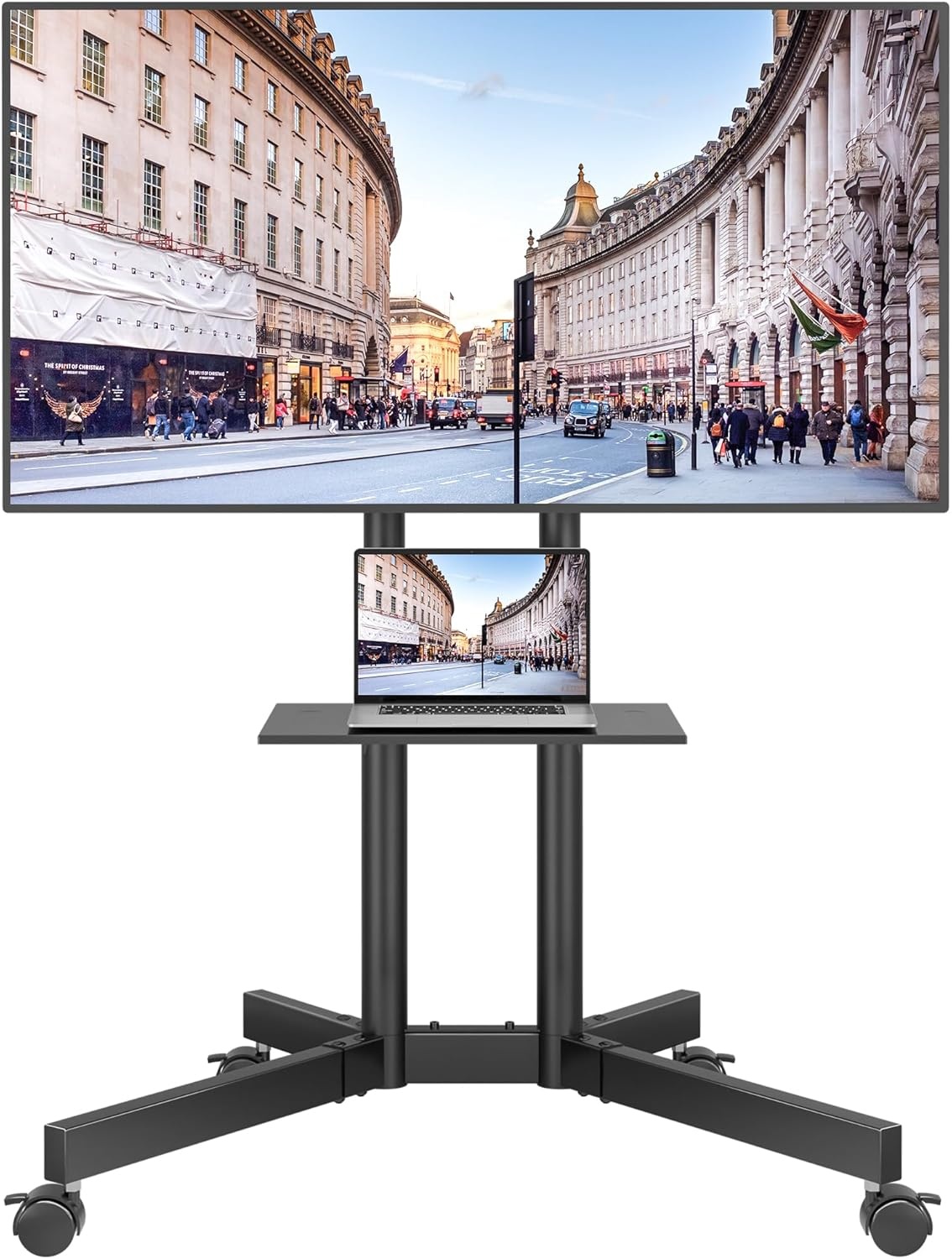 image:imageBONTEC Rolling TV Stand with Tilt Mobile TV Stand Wheels for 2365 Inch TVs Portable Outdoor TV Cart with Adjustable Shelf for Living Room Bedroom Holds 88 lbs Max VESA 400x400mm WhiteBlack