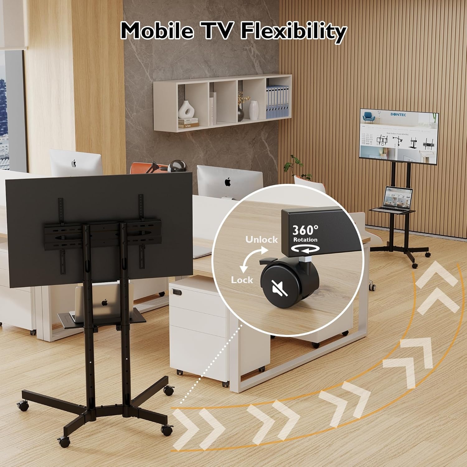 image:imageBONTEC Rolling TV Stand with Tilt Mobile TV Stand Wheels for 2365 Inch TVs Portable Outdoor TV Cart with Adjustable Shelf for Living Room Bedroom Holds 88 lbs Max VESA 400x400mm WhiteBlack