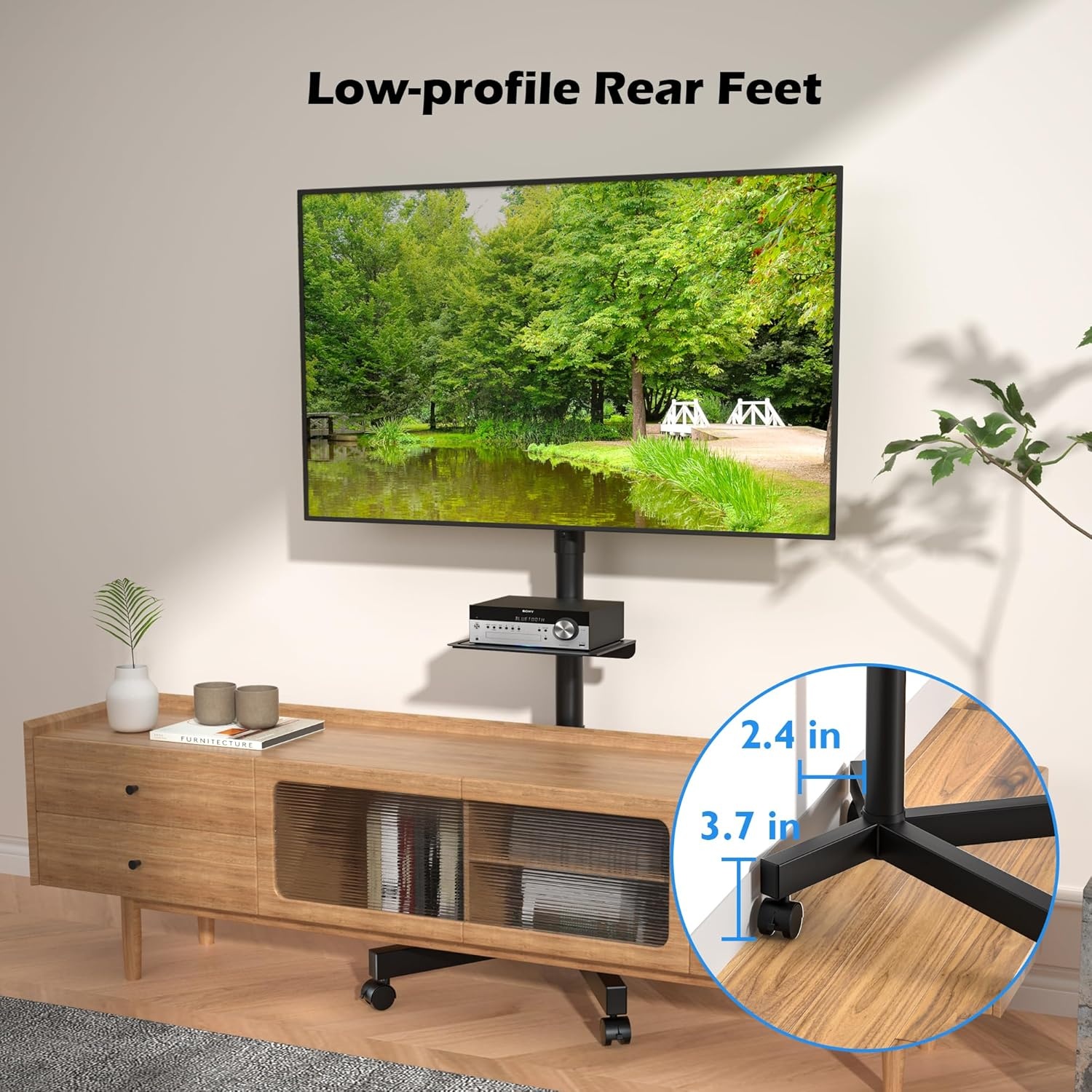 image:imageBONTEC Rolling TV Stand with Tilt Mobile TV Stand Wheels for 2365 Inch TVs Portable Outdoor TV Cart with Adjustable Shelf for Living Room Bedroom Holds 88 lbs Max VESA 400x400mm WhiteBlack
