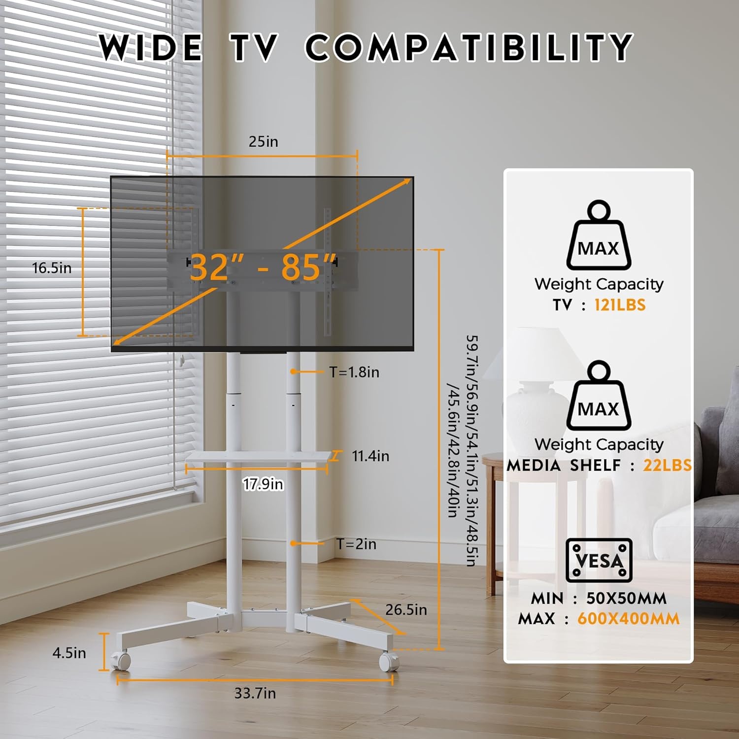 image:imageBONTEC Rolling TV Stand with Tilt Mobile TV Stand Wheels for 2365 Inch TVs Portable Outdoor TV Cart with Adjustable Shelf for Living Room Bedroom Holds 88 lbs Max VESA 400x400mm WhiteWhite