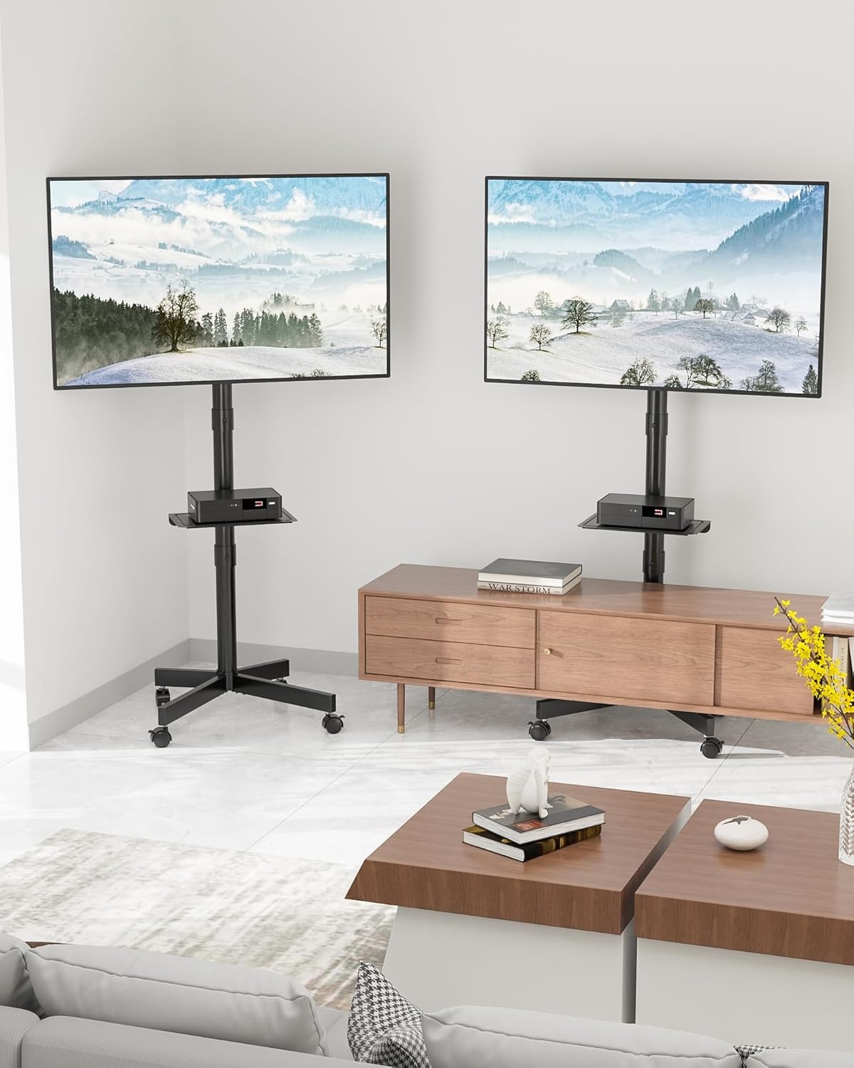 image:imageBONTEC Rolling TV Stand with Tilt Mobile TV Stand Wheels for 2365 Inch TVs Portable Outdoor TV Cart with Adjustable Shelf for Living Room Bedroom Holds 88 lbs Max VESA 400x400mm WhiteBlack
