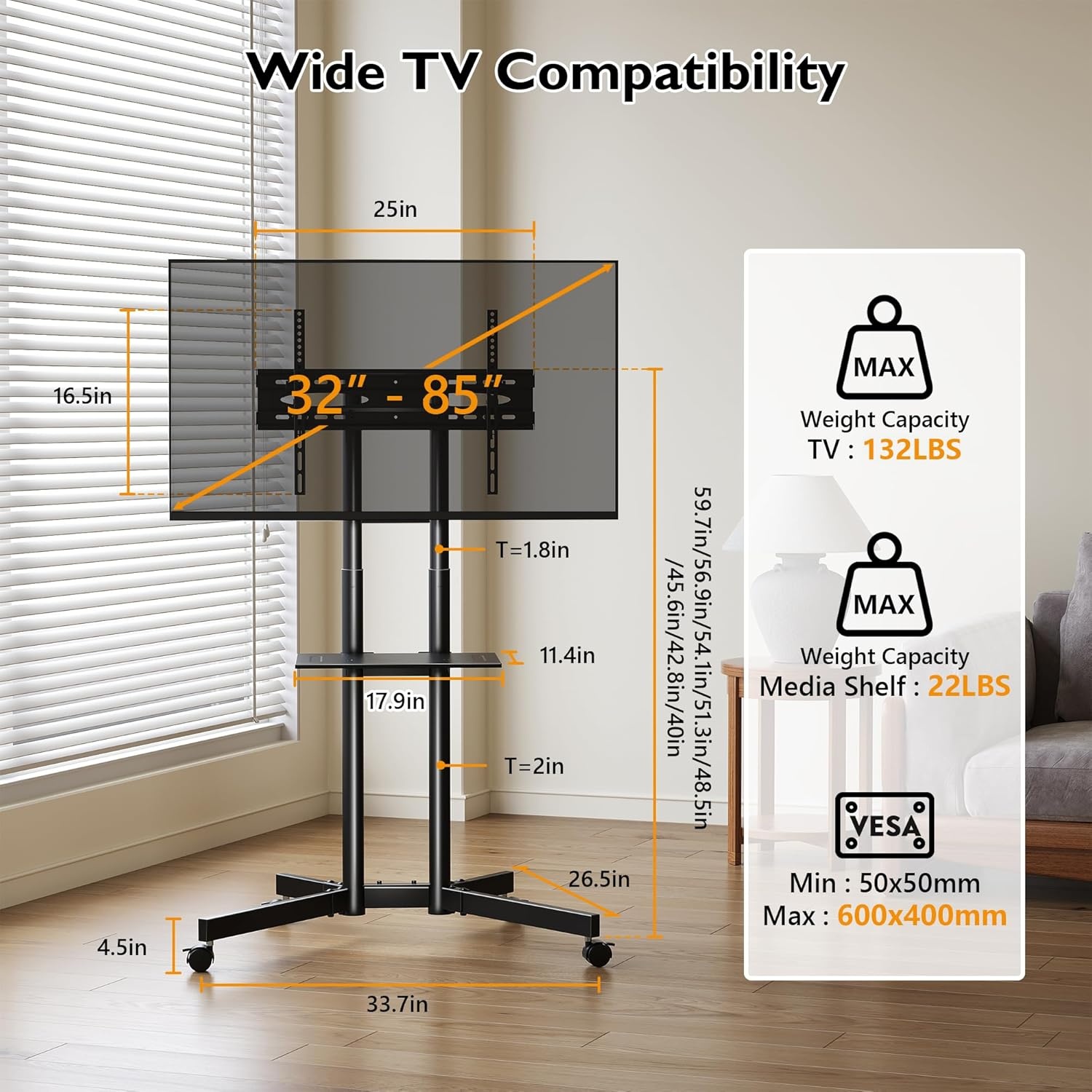 image:imageBONTEC Rolling TV Stand with Tilt Mobile TV Stand Wheels for 2365 Inch TVs Portable Outdoor TV Cart with Adjustable Shelf for Living Room Bedroom Holds 88 lbs Max VESA 400x400mm WhiteBlack