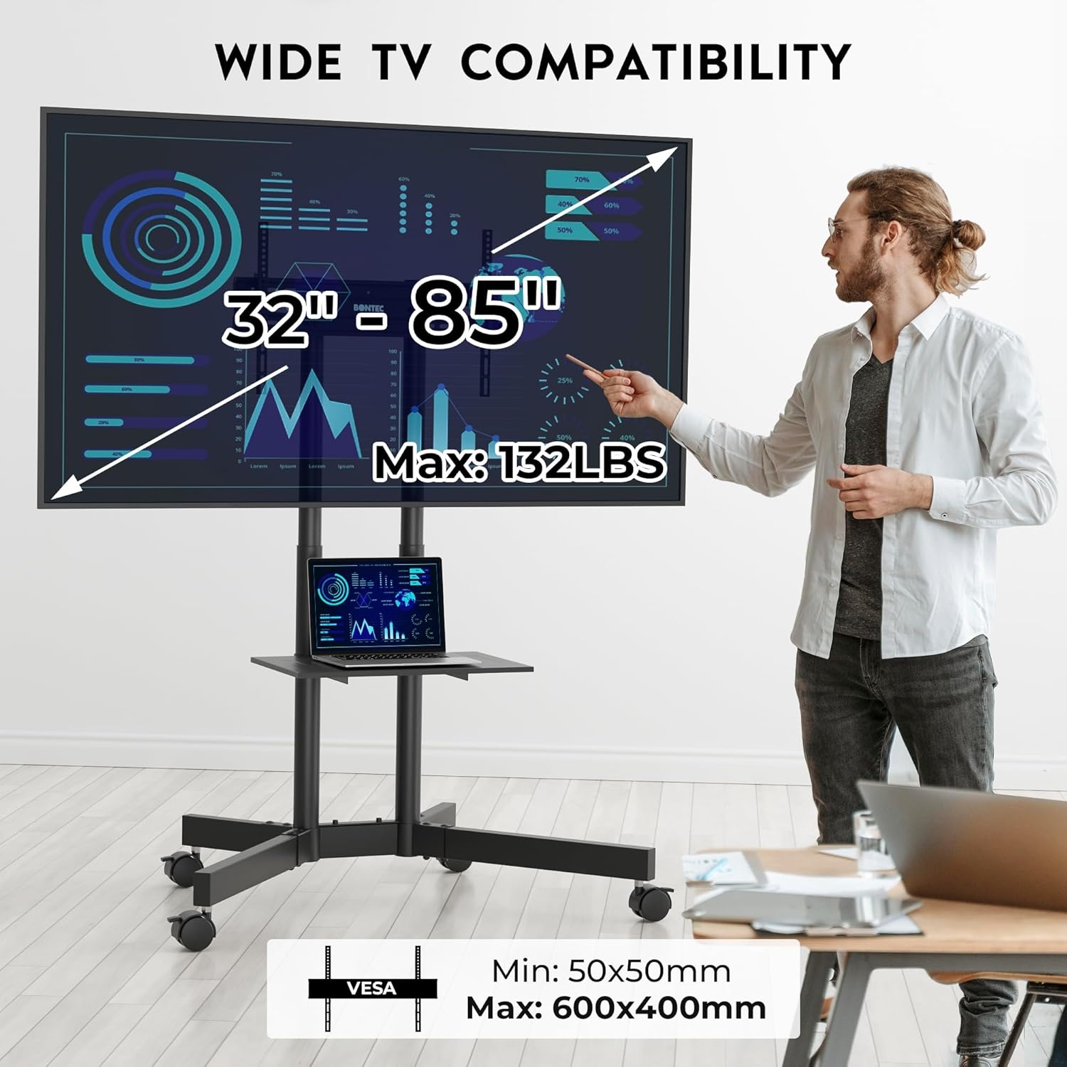 image:imageBONTEC Rolling TV Stand with Tilt Mobile TV Stand Wheels for 2365 Inch TVs Portable Outdoor TV Cart with Adjustable Shelf for Living Room Bedroom Holds 88 lbs Max VESA 400x400mm WhiteBlack