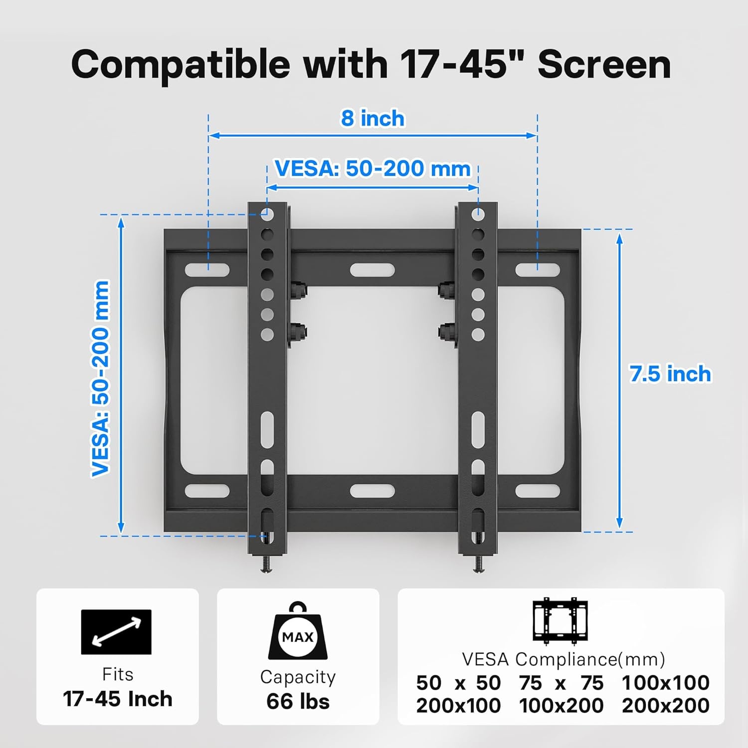 image:imageBONTEC TV Wall Mount Bracket Fixed for 1745 inch LED OLED LCD Flat Screen TVs up to 66lbs Low Profile Ultra Slim Tilt Mount Max VESA 200x200mm Easy Installation Fits 8 Wood Studs