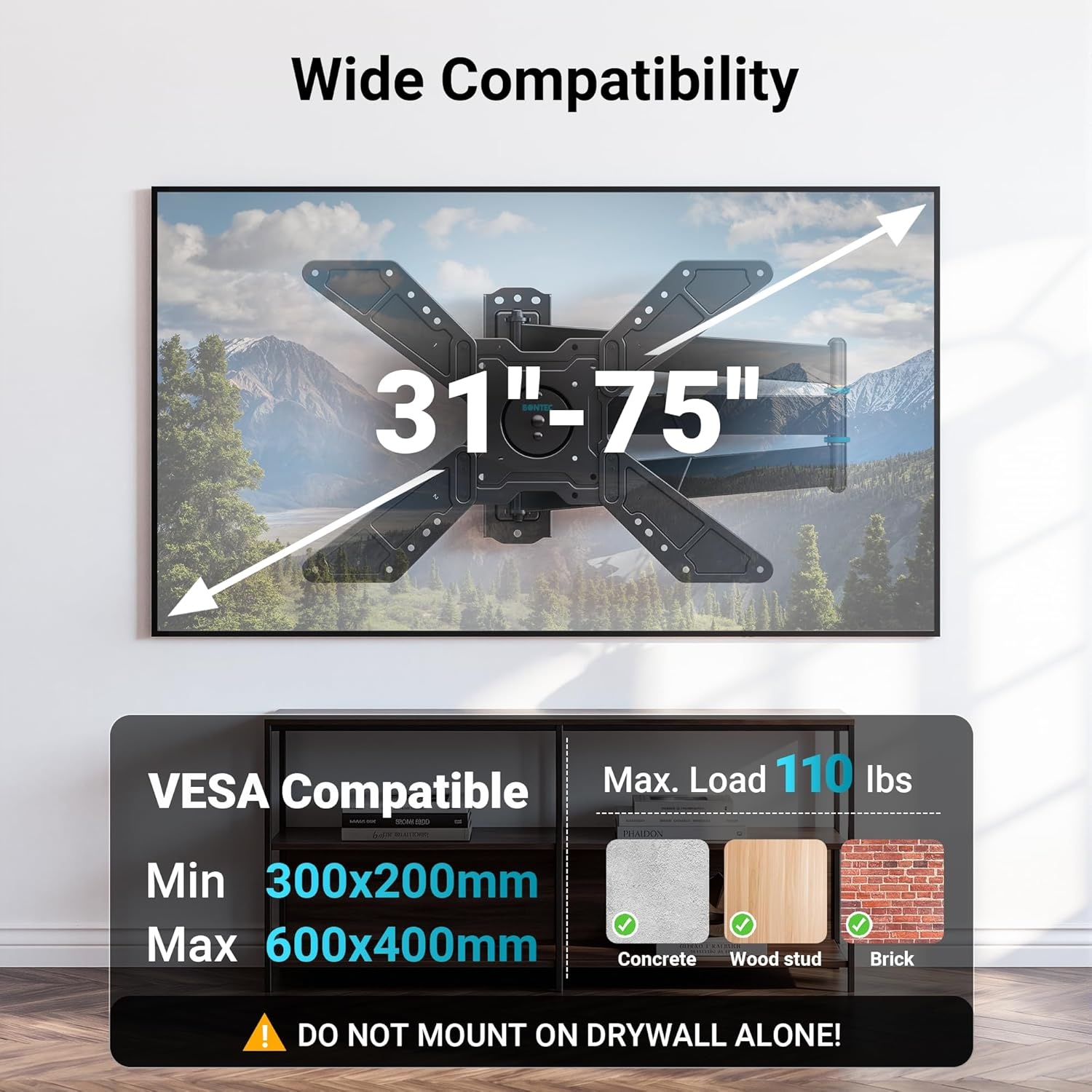 image:imageBONTEC TV Wall Mount for 2665 Inch Flat and Curved Screens with 374 Inch Long Extension Full Motion Swivel Design Heavy Duty Bracket for Corner or Monitor Setup Max VESA 400x400 Holds 77 lbsfor 3175 Inch