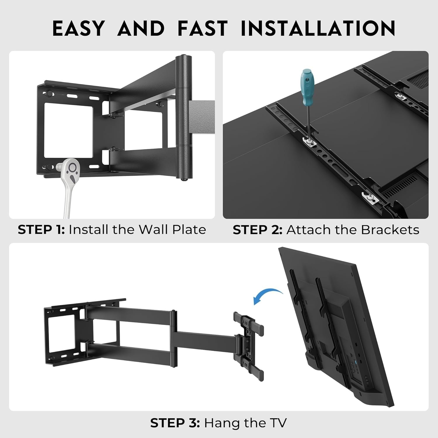 image:imageBONTEC TV Wall Mount for 2665 Inch Flat and Curved Screens with 374 Inch Long Extension Full Motion Swivel Design Heavy Duty Bracket for Corner or Monitor Setup Max VESA 400x400 Holds 77 lbsfor 3275 Inch