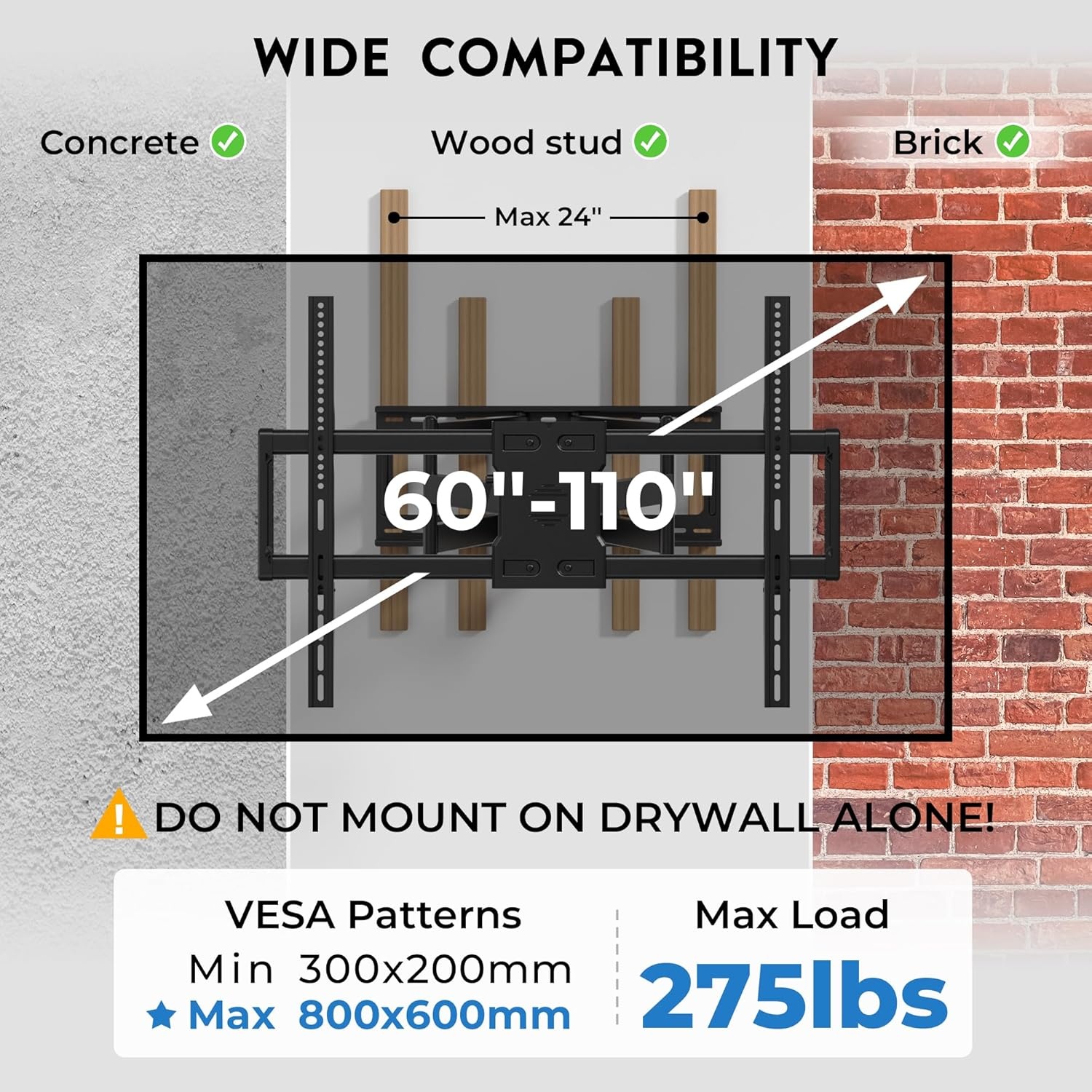 image:imageBONTEC TV Wall Mount for 2665 Inch Flat and Curved Screens with 374 Inch Long Extension Full Motion Swivel Design Heavy Duty Bracket for Corner or Monitor Setup Max VESA 400x400 Holds 77 lbsfor 60110 Inch