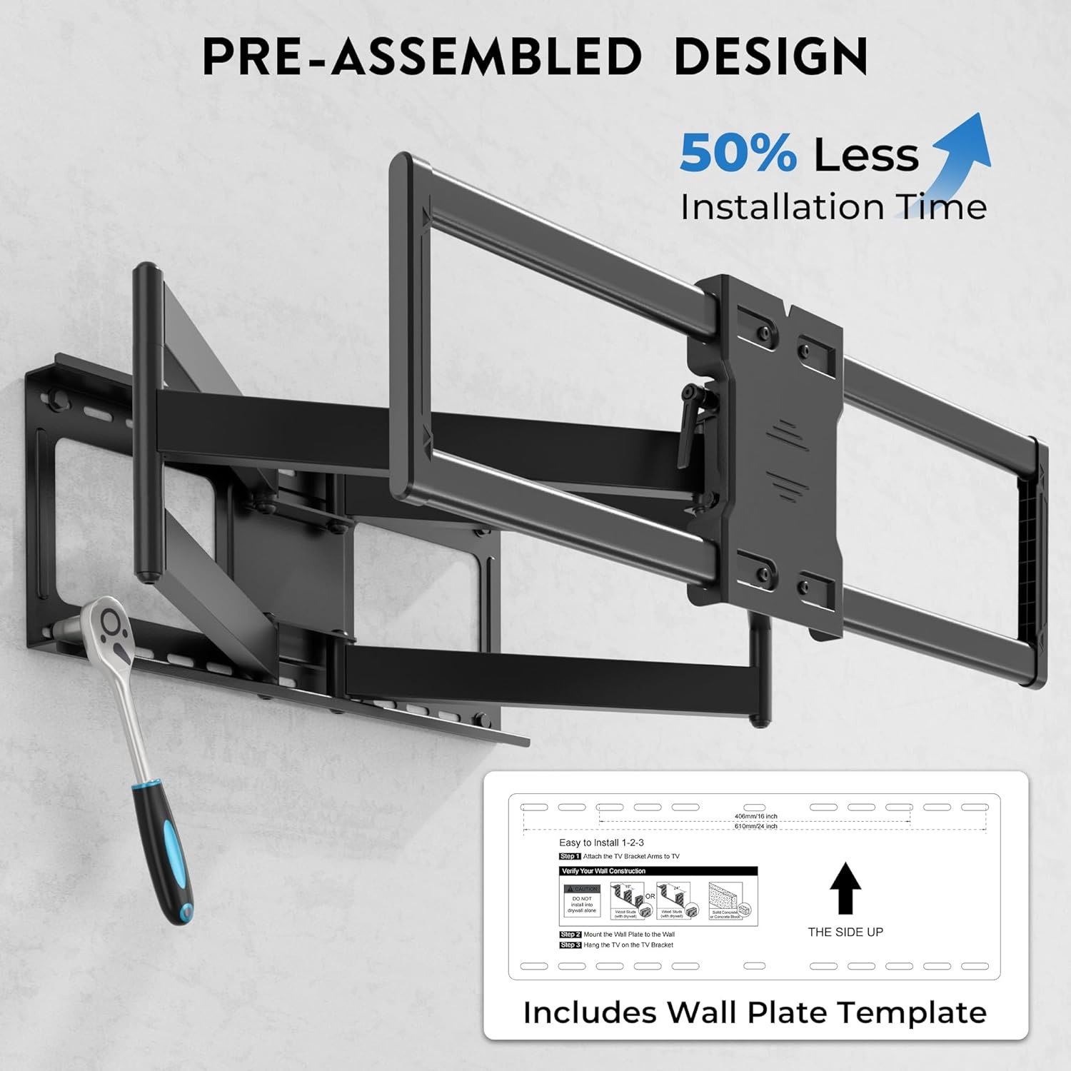 image:imageBONTEC TV Wall Mount for 2665 Inch Flat and Curved Screens with 374 Inch Long Extension Full Motion Swivel Design Heavy Duty Bracket for Corner or Monitor Setup Max VESA 400x400 Holds 77 lbsfor 60110 Inch