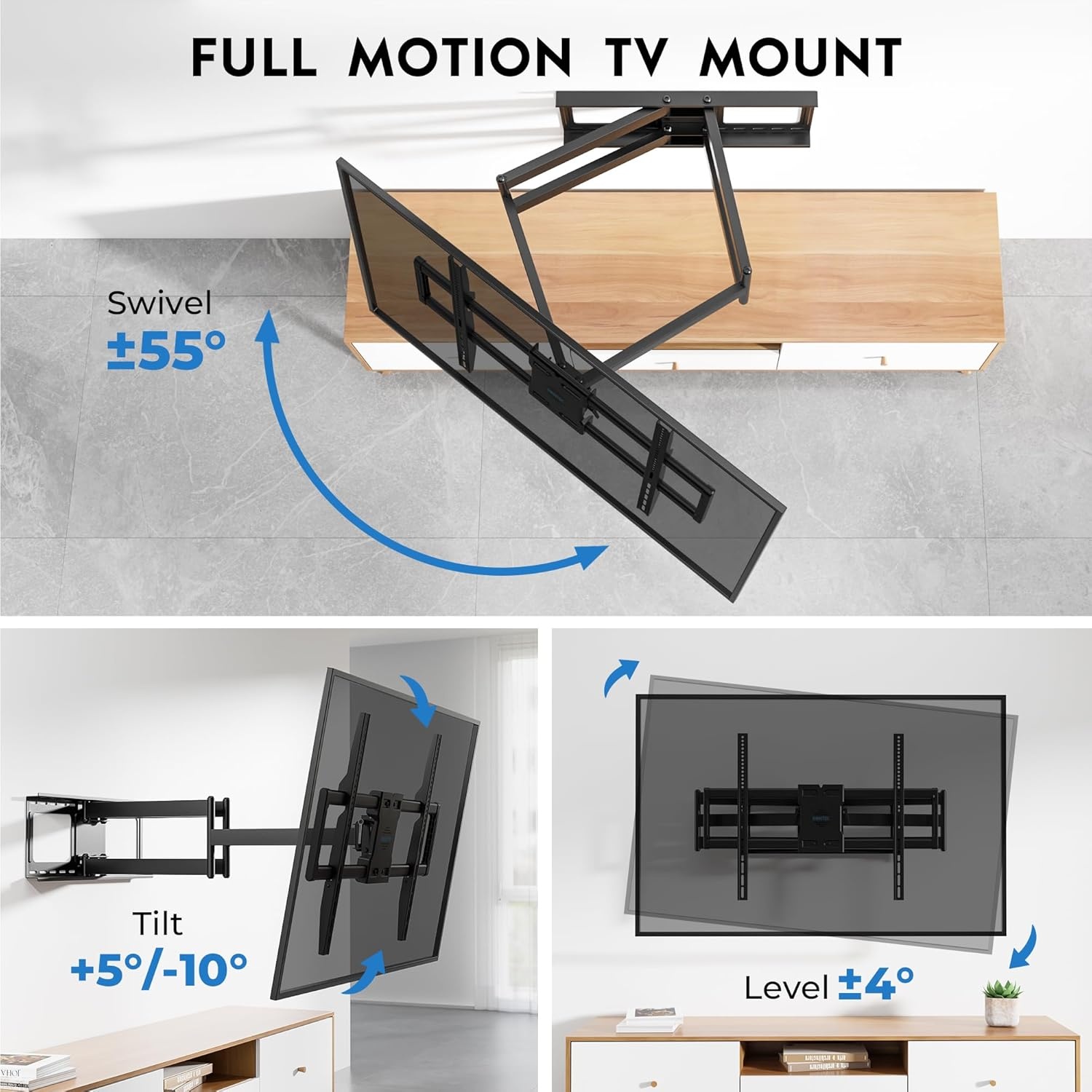 image:imageBONTEC TV Wall Mount for 2665 Inch Flat and Curved Screens with 374 Inch Long Extension Full Motion Swivel Design Heavy Duty Bracket for Corner or Monitor Setup Max VESA 400x400 Holds 77 lbsfor 60110 Inch
