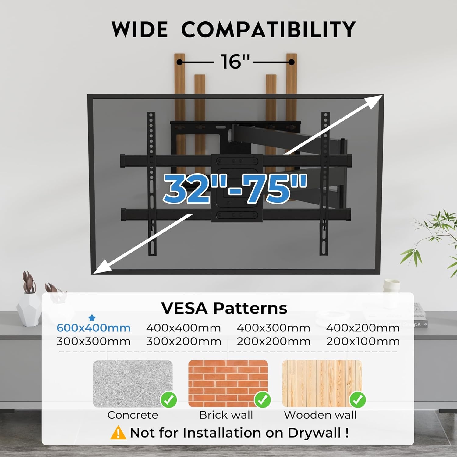 image:imageBONTEC TV Wall Mount for 2665 Inch Flat and Curved Screens with 374 Inch Long Extension Full Motion Swivel Design Heavy Duty Bracket for Corner or Monitor Setup Max VESA 400x400 Holds 77 lbsfor 3275 Inch