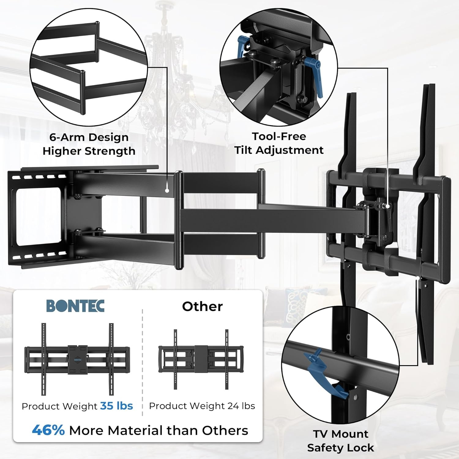 image:imageBONTEC TV Wall Mount for 2665 Inch Flat and Curved Screens with 374 Inch Long Extension Full Motion Swivel Design Heavy Duty Bracket for Corner or Monitor Setup Max VESA 400x400 Holds 77 lbsfor 60110 Inch