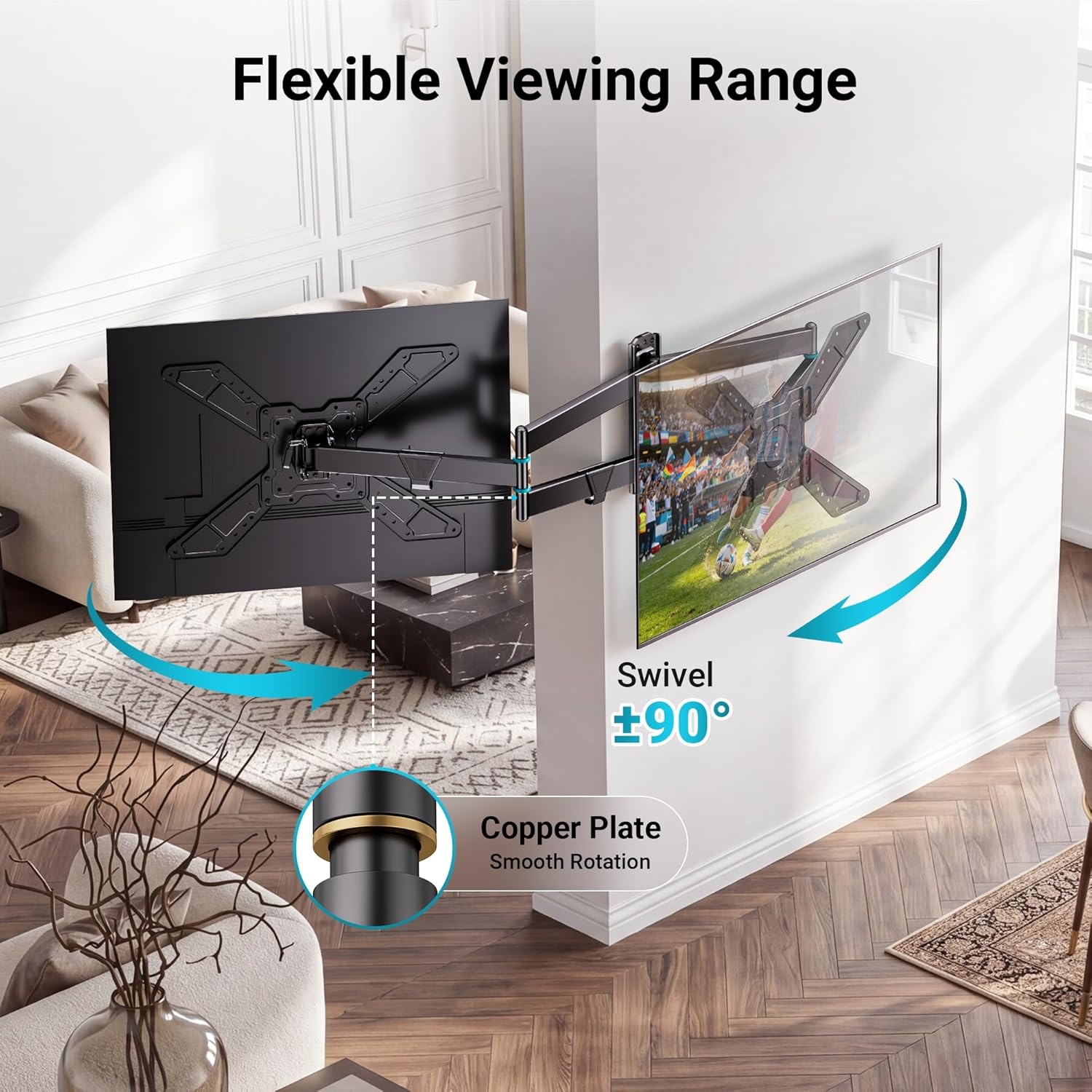 image:imageBONTEC TV Wall Mount for 2665 Inch Flat and Curved Screens with 374 Inch Long Extension Full Motion Swivel Design Heavy Duty Bracket for Corner or Monitor Setup Max VESA 400x400 Holds 77 lbsfor 3175 Inch