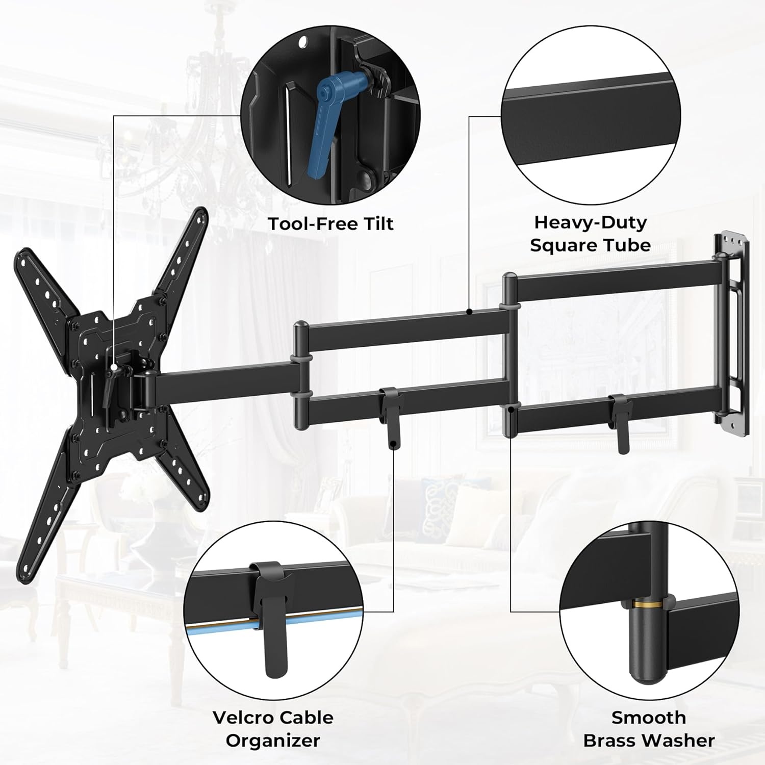image:imageBONTEC TV Wall Mount for 2665 Inch Flat and Curved Screens with 374 Inch Long Extension Full Motion Swivel Design Heavy Duty Bracket for Corner or Monitor Setup Max VESA 400x400 Holds 77 lbsfor 2665 Inch