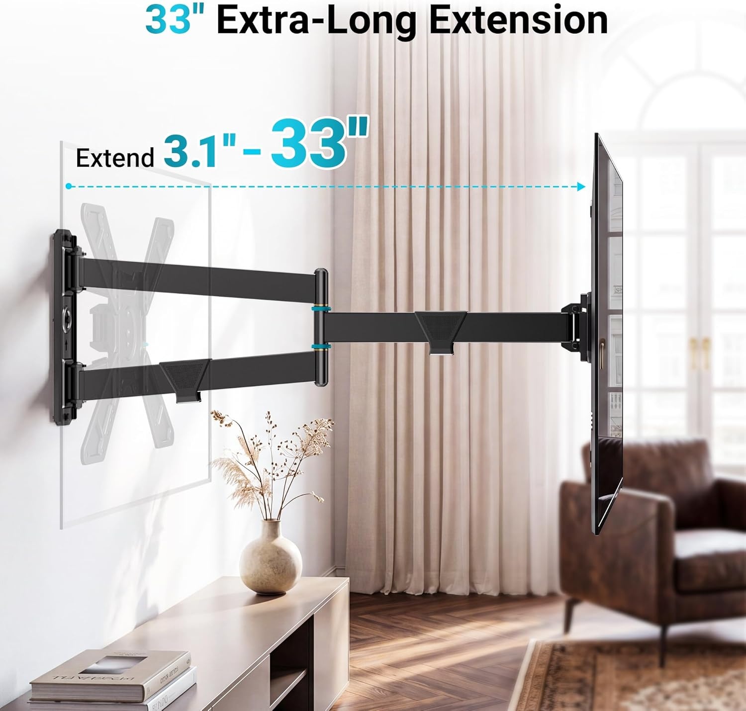 image:imageBONTEC TV Wall Mount for 2665 Inch Flat and Curved Screens with 374 Inch Long Extension Full Motion Swivel Design Heavy Duty Bracket for Corner or Monitor Setup Max VESA 400x400 Holds 77 lbsfor 3175 Inch