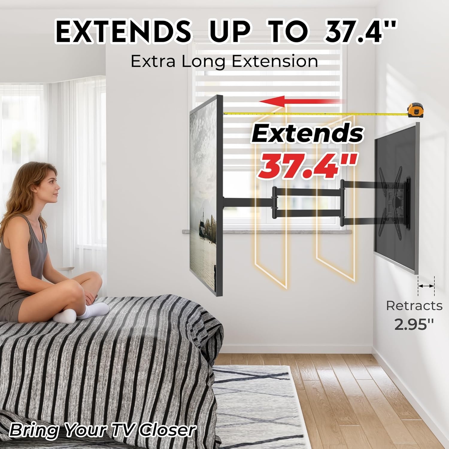 image:imageBONTEC TV Wall Mount for 2665 Inch Flat and Curved Screens with 374 Inch Long Extension Full Motion Swivel Design Heavy Duty Bracket for Corner or Monitor Setup Max VESA 400x400 Holds 77 lbsfor 2665 Inch