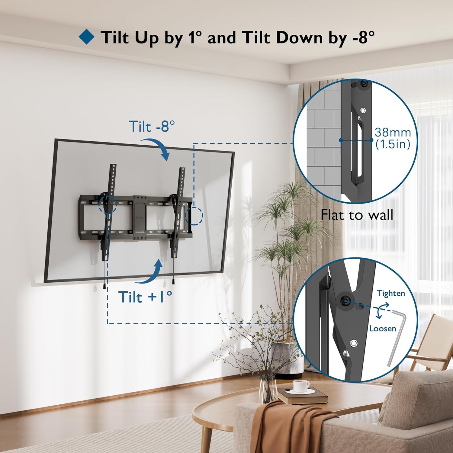 image:imageBONTEC TV Wall Mount for 3785 Inch TVs Tilting TV Mount Bracket for LED LCD OLED Flat Curved Screens Low Profile 15in Design Max VESA 600x400mm Supports up to 132lbs Fits 55 65 75 85 Inch
