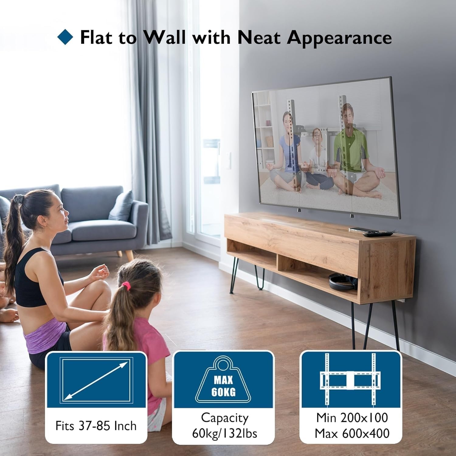 image:imageBONTEC TV Wall Mount for 3785 Inch TVs Tilting TV Mount Bracket for LED LCD OLED Flat Curved Screens Low Profile 15in Design Max VESA 600x400mm Supports up to 132lbs Fits 55 65 75 85 Inch