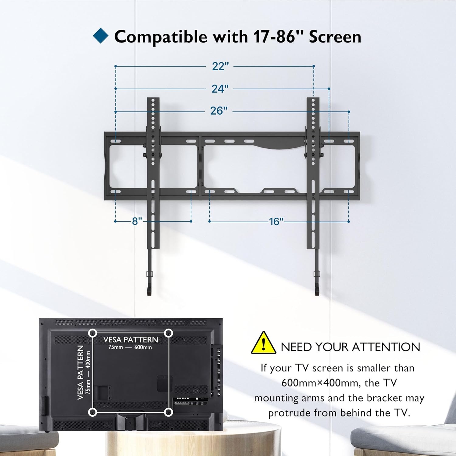 image:imageBONTEC Tilting TV Wall Mount for Most 1786 inch LED OLED LCD Flat Curved Screen TVs TV Wall Bracket Holds up to 165LBS Max VESA 600 x400mm